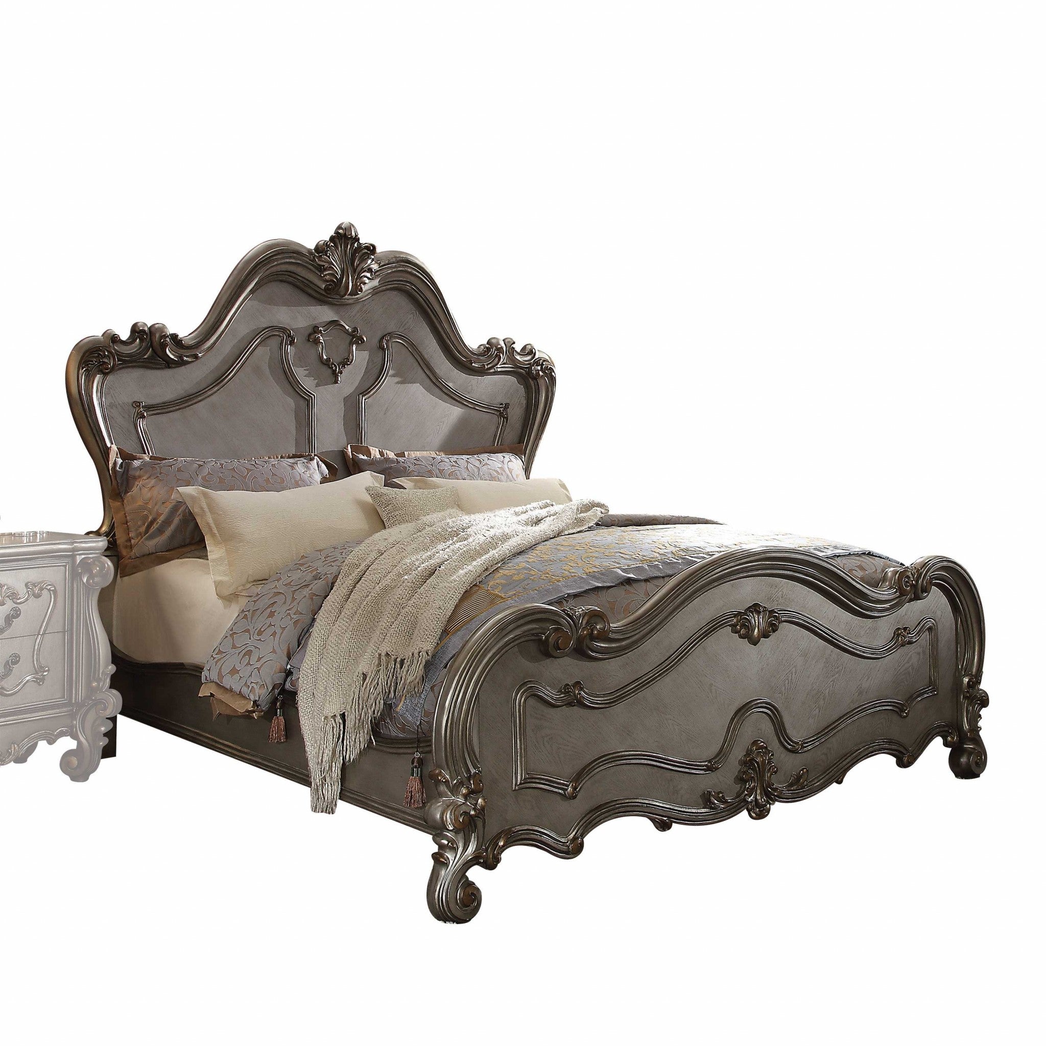 Gray Carved Scrollwork Wood Queen Bed Frame Homeroots Bed & Bath