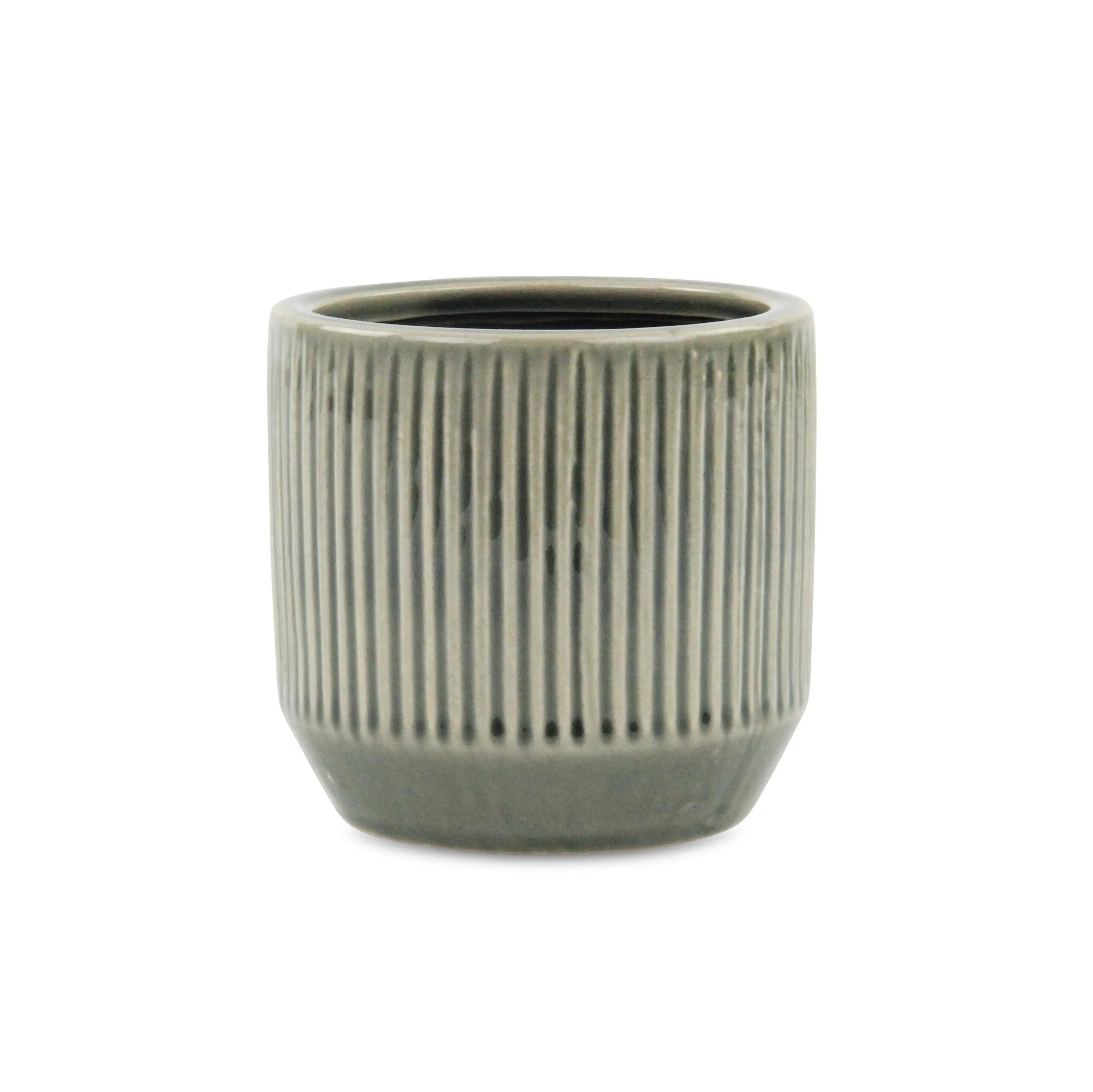 Gray Ceramic 17 Ounce Striped Round Distressed Pot Planter GreatEagleInc