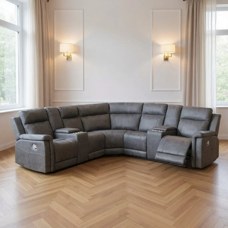 Gray Faux Leather Reclining Curved Corner Sectional With Console Homeroots Living Room