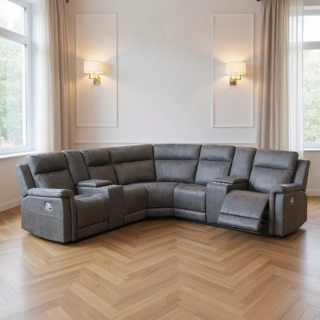 Gray Faux Leather Reclining Curved Corner Sectional With Console Homeroots Living Room