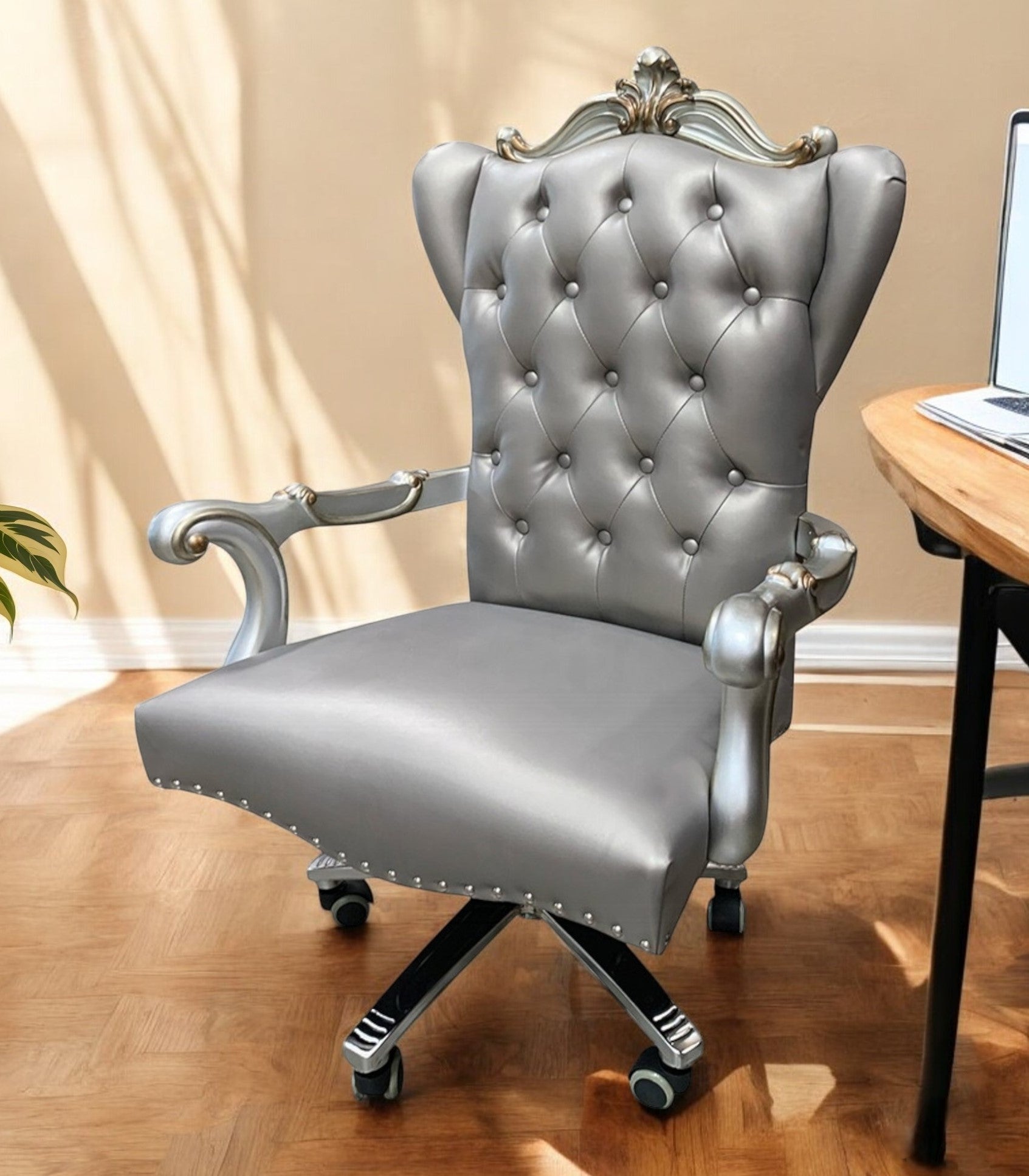 Gray Faux Leather Tufted Seat Swivel Adjustable Executive Chair Leather Back - GreatEagleInc