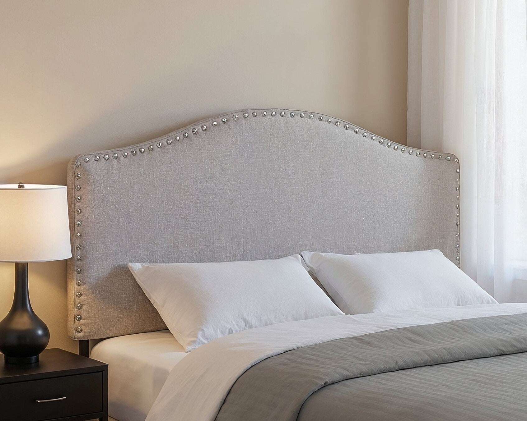 Gray Linen Blend Upholstered Arched Full Headboard With Nail Head Trim - GreatEagleInc