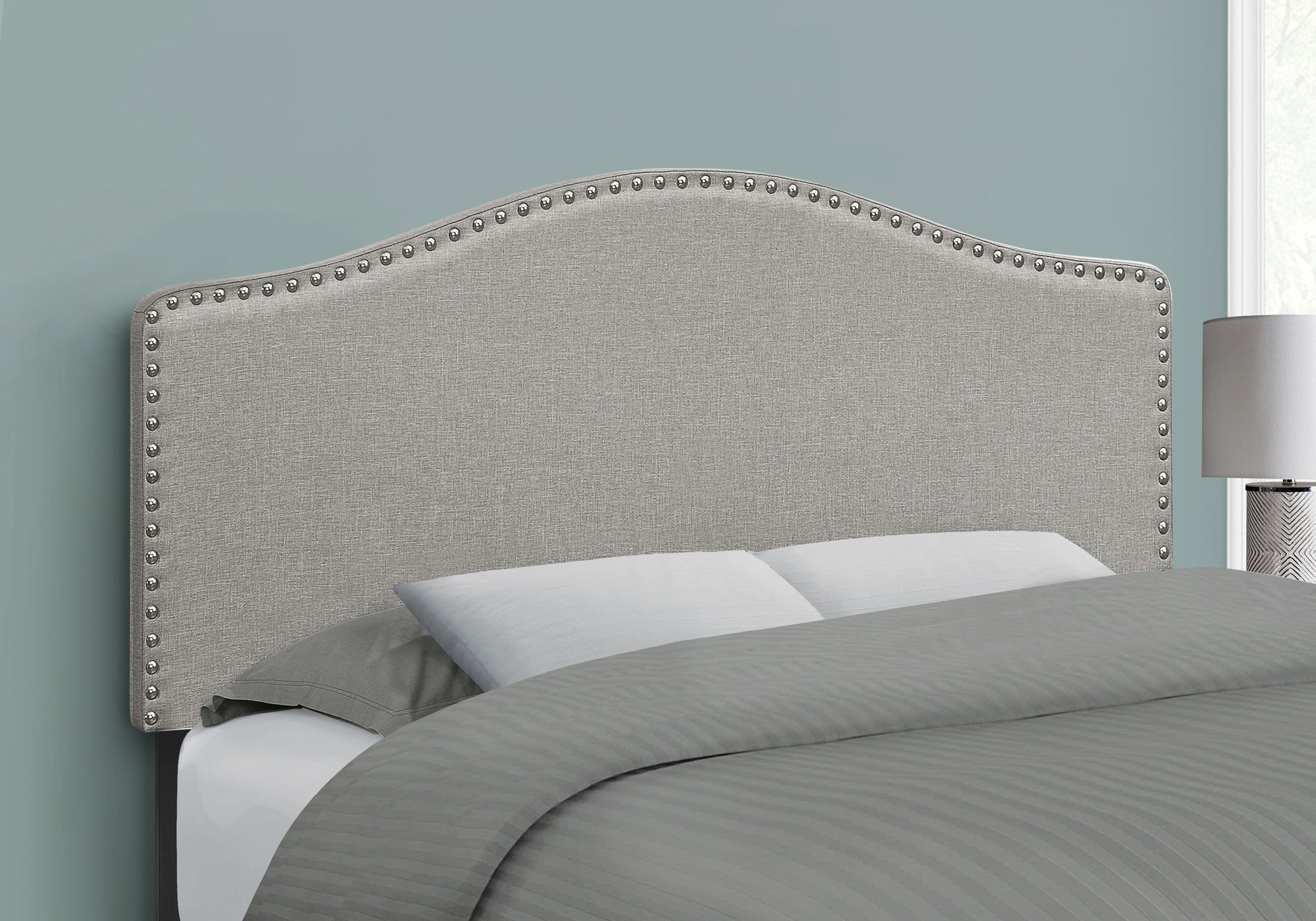Gray Linen Blend Upholstered Arched Full Headboard With Nail Head Trim - GreatEagleInc