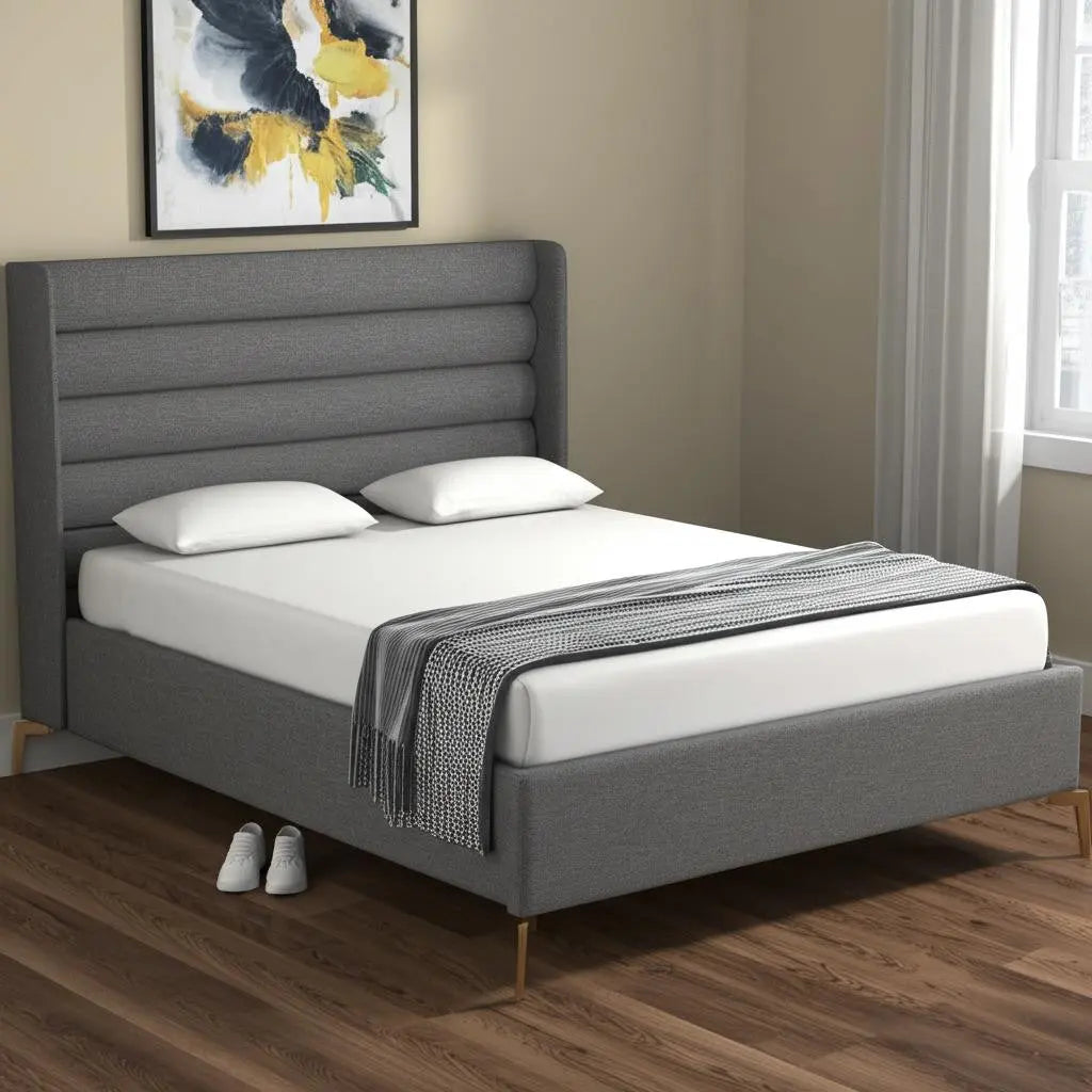 Gray Linen Upholstered King Bed Frame Homeroots Bed & Bath