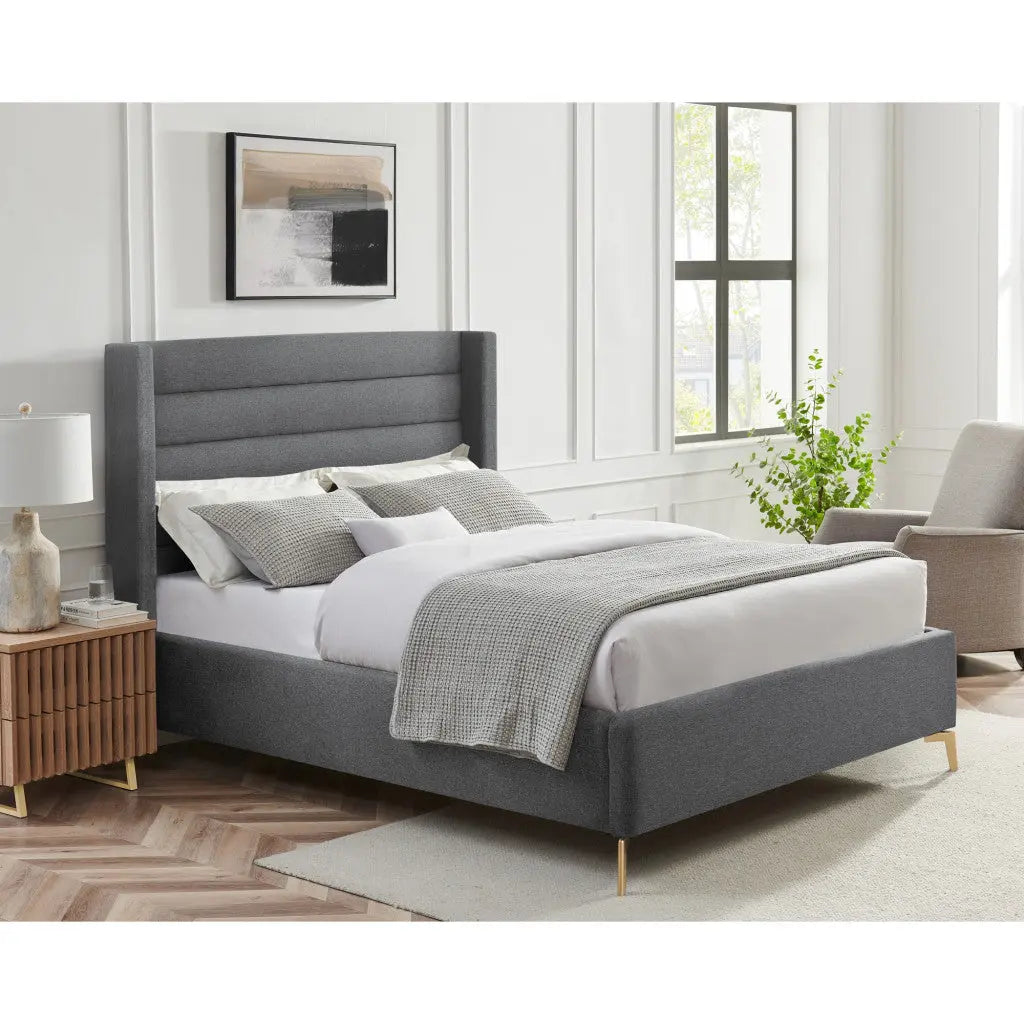 Gray Linen Upholstered King Bed Frame Homeroots Bed & Bath