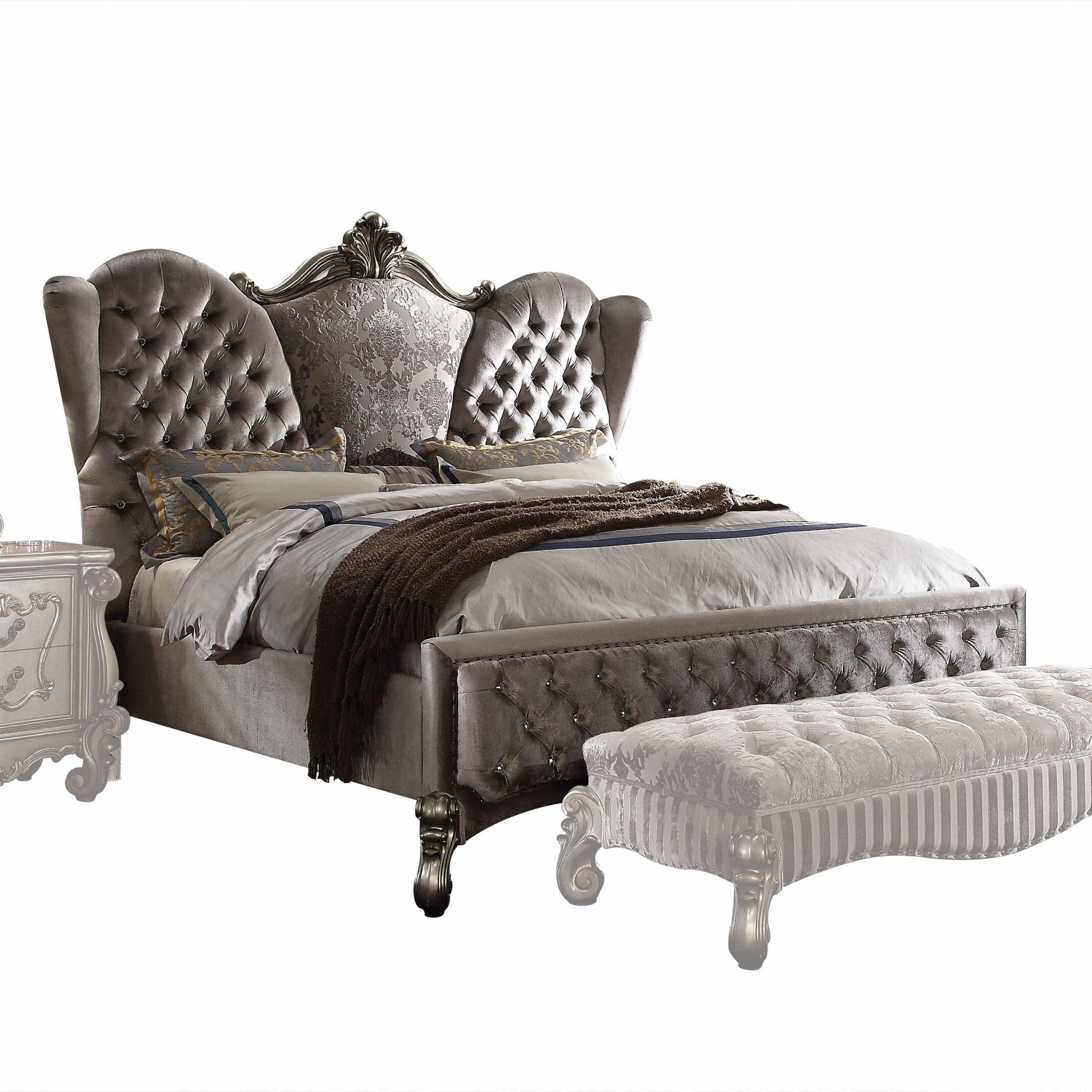 Gray Queen Tufted Upholstered Velvet Bed Frame with Nailhead Trim Homeroots Bed & Bath