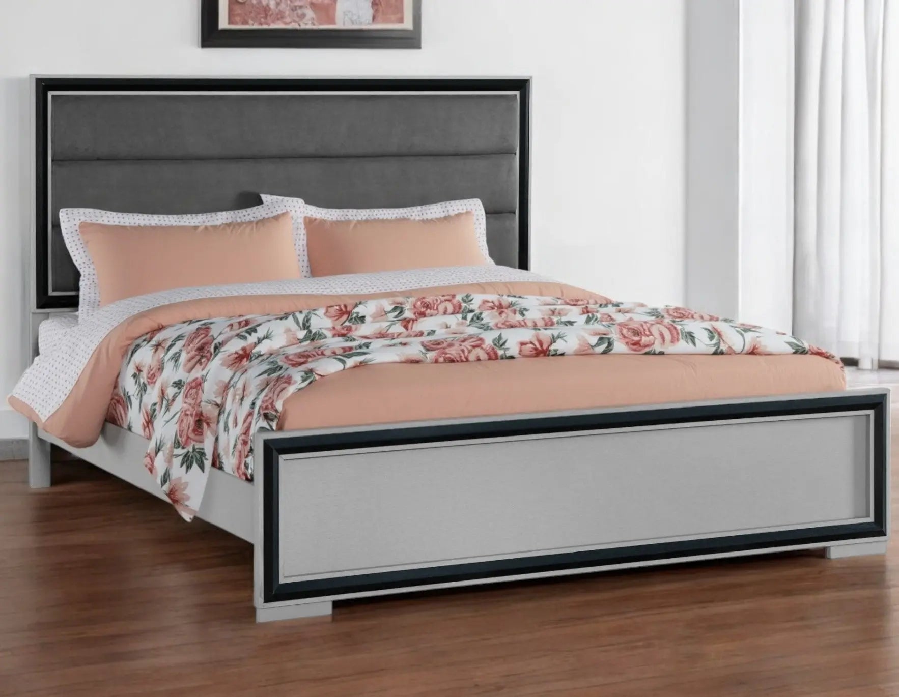 Gray Ribbed Texture Wood And Upholstery King Bed Frame Homeroots Bed & Bath