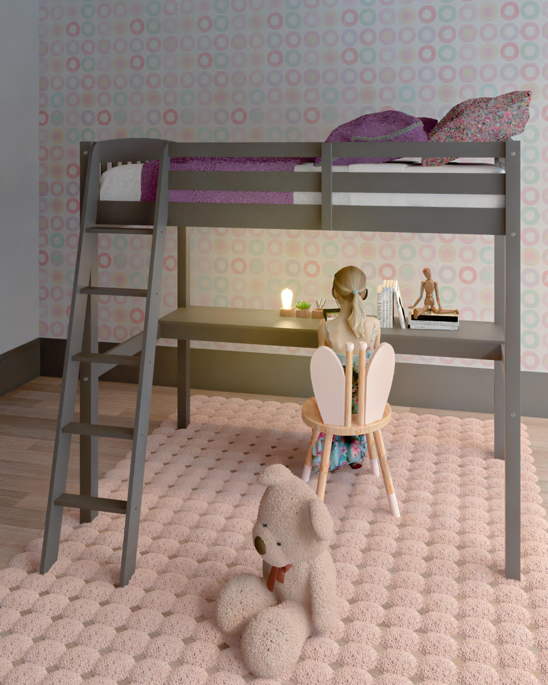 Gray Solid Wood Full Double Size Loft Bed with Desk and Storage - GreatEagleInc