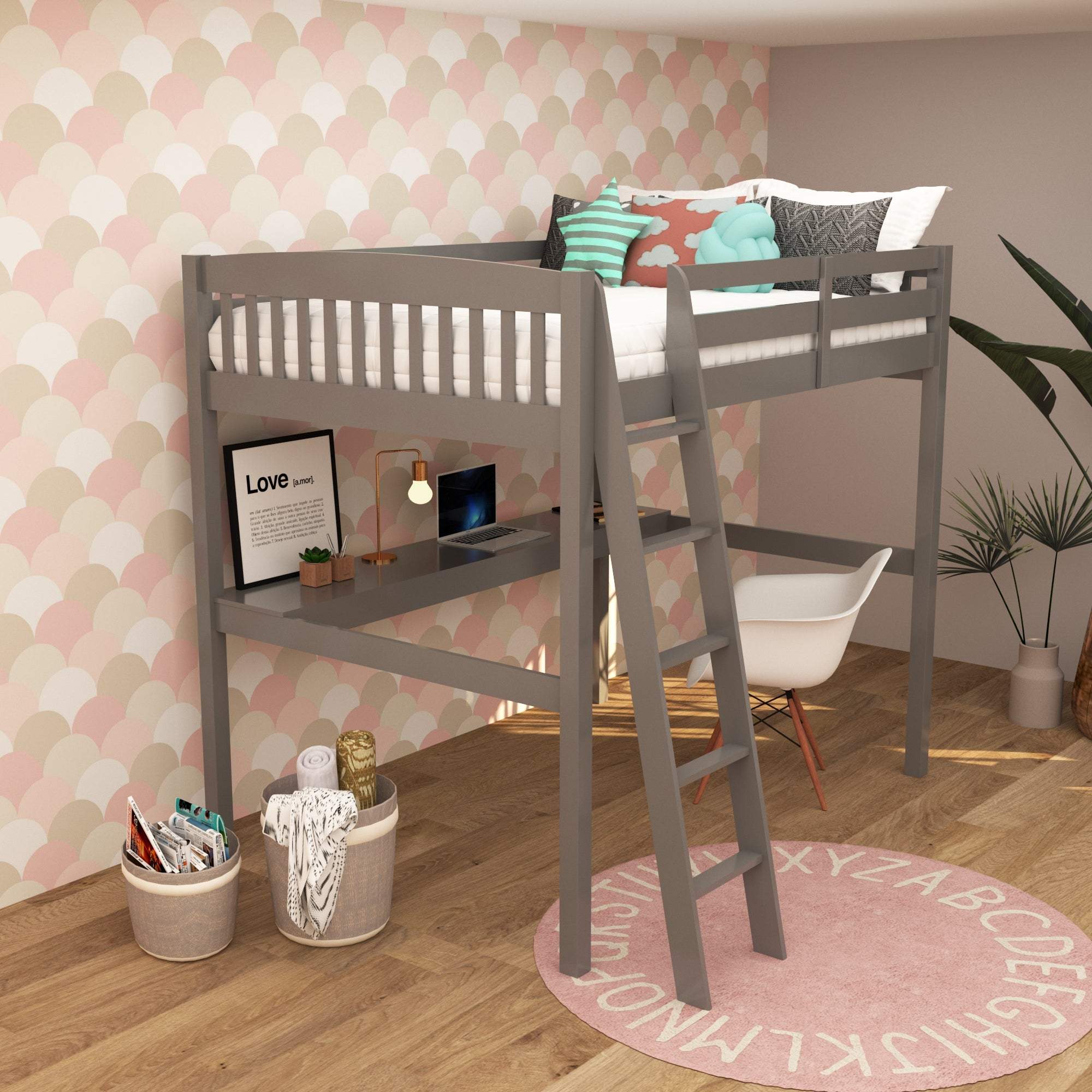 Gray Solid Wood Full Double Size Loft Bed with Desk and Storage - GreatEagleInc
