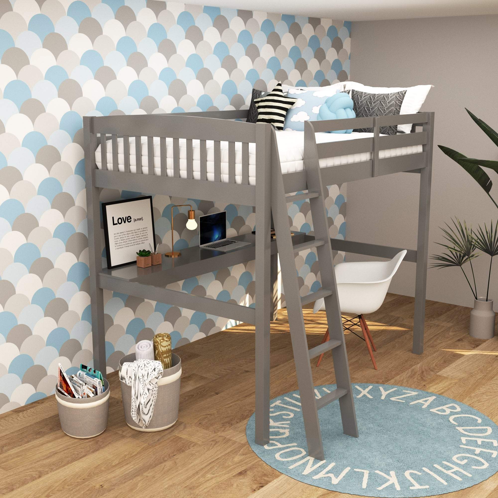 Gray Solid Wood Full Double Size Loft Bed with Desk and Storage - GreatEagleInc