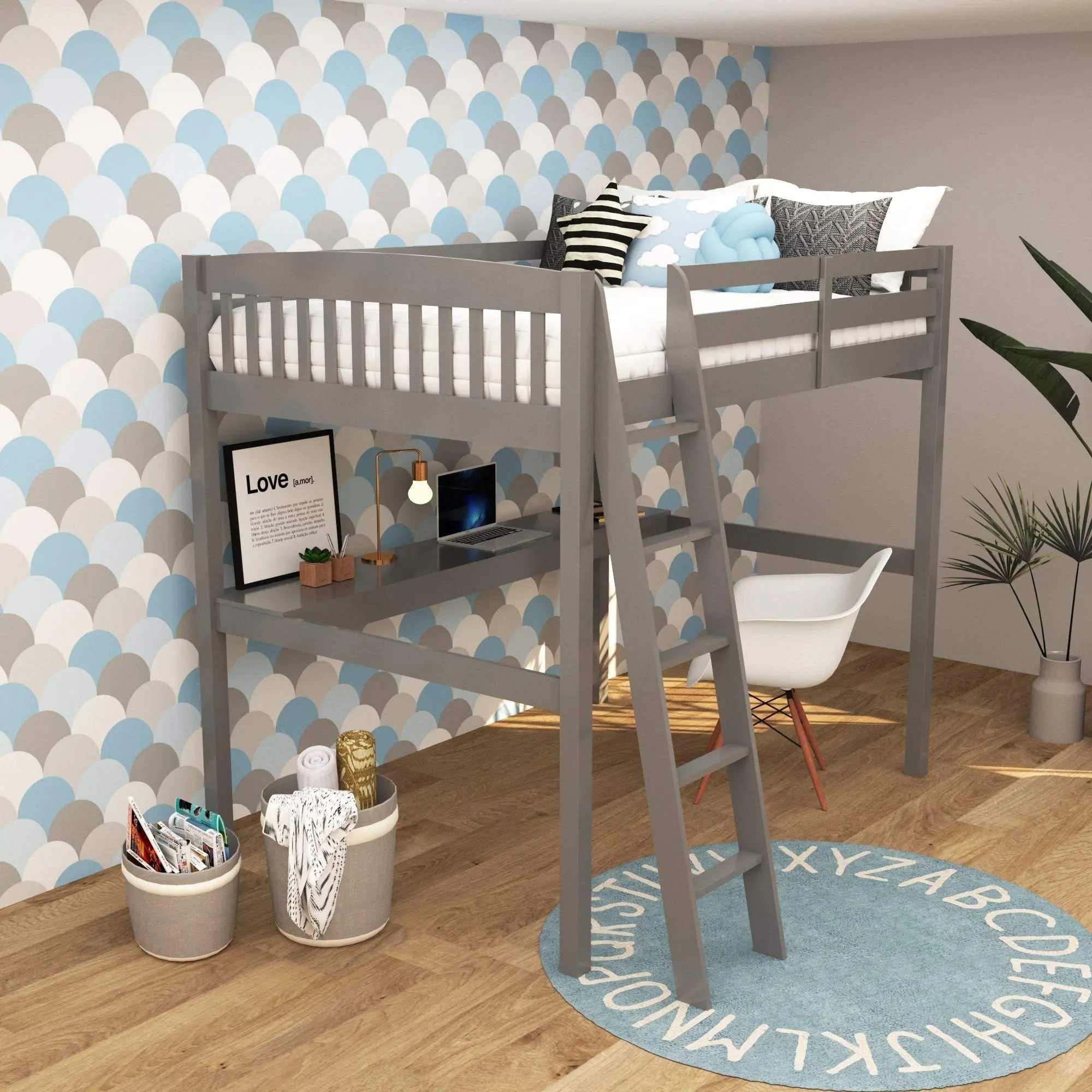 Gray Solid Wood Full Double Size Loft Bed with Desk and Storage - GreatEagleInc