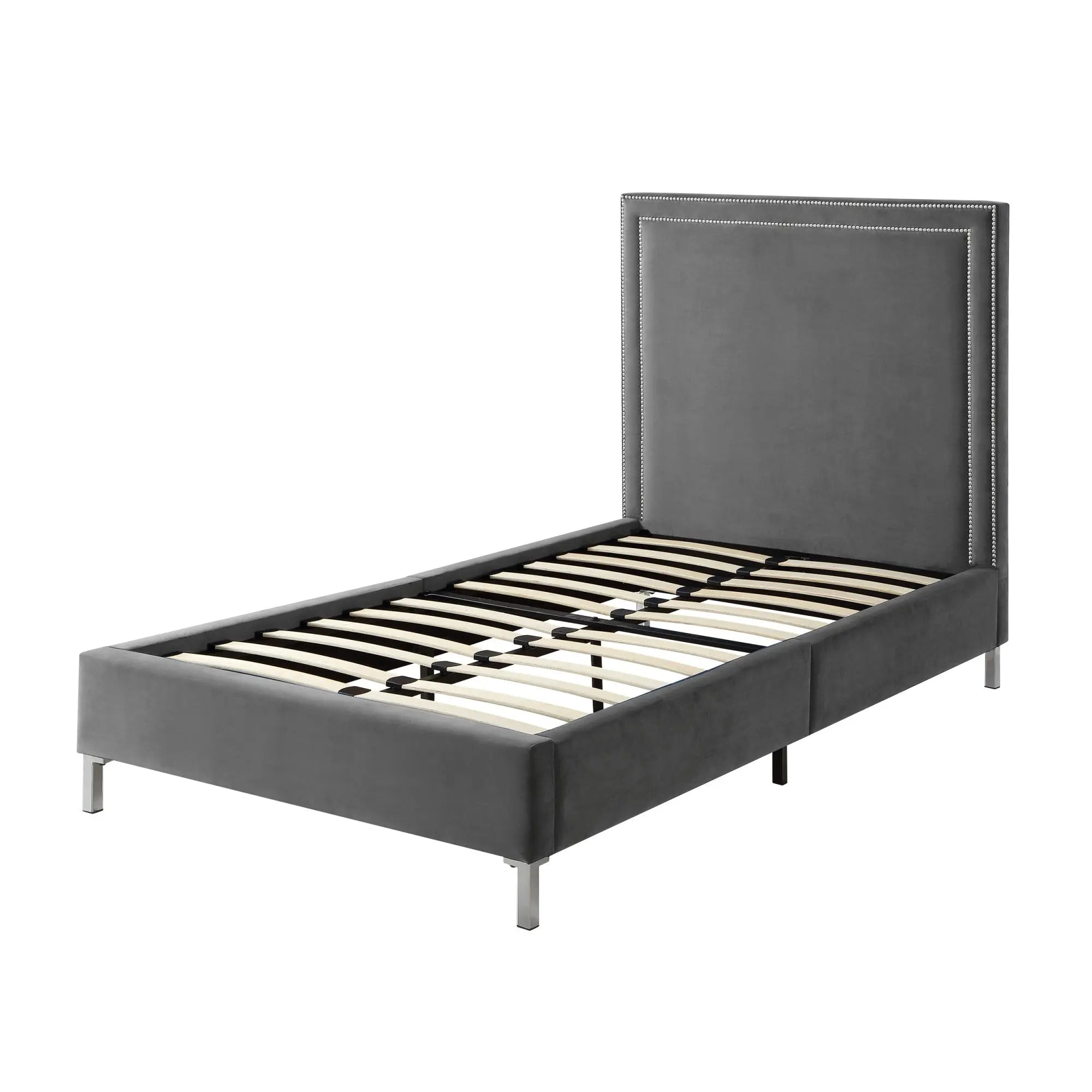 Gray Solid Wood Full Upholstered Velvet Bed with Nailhead Trim Homeroots Bed & Bath