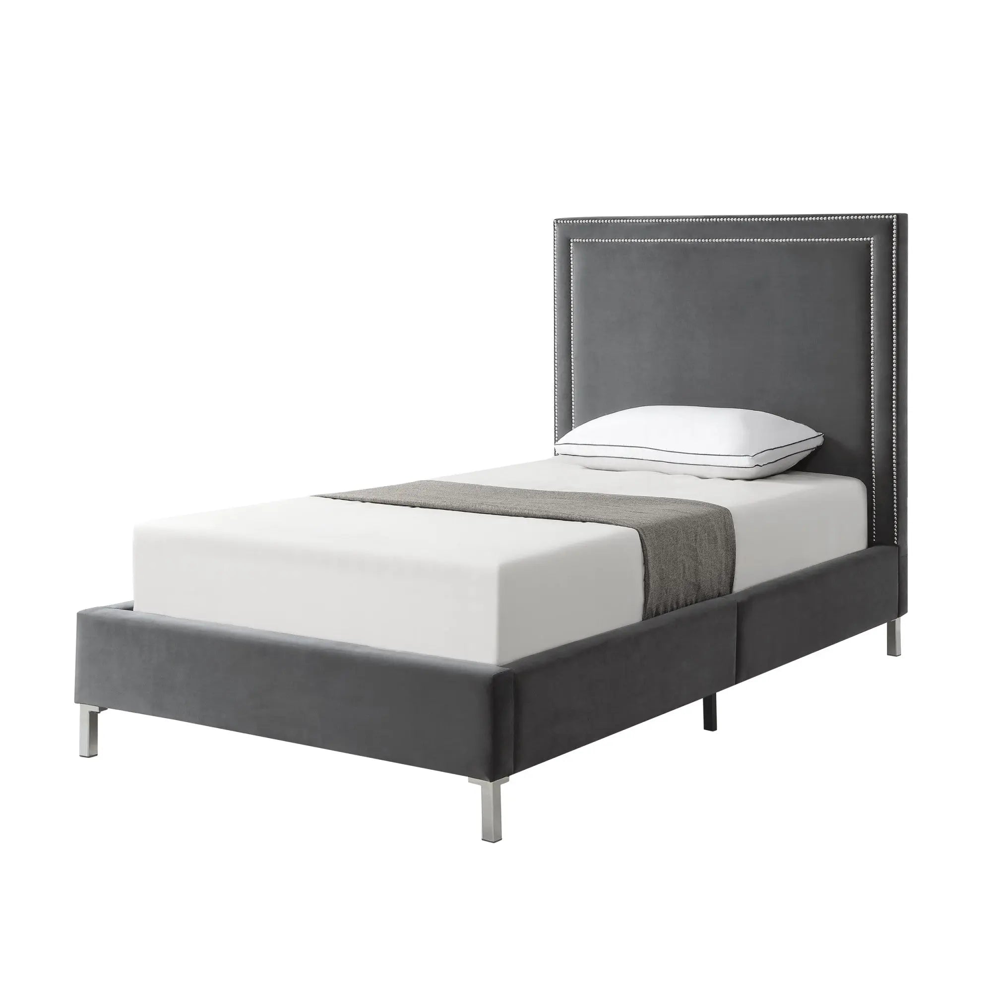 Gray Solid Wood Full Upholstered Velvet Bed with Nailhead Trim Homeroots Bed & Bath