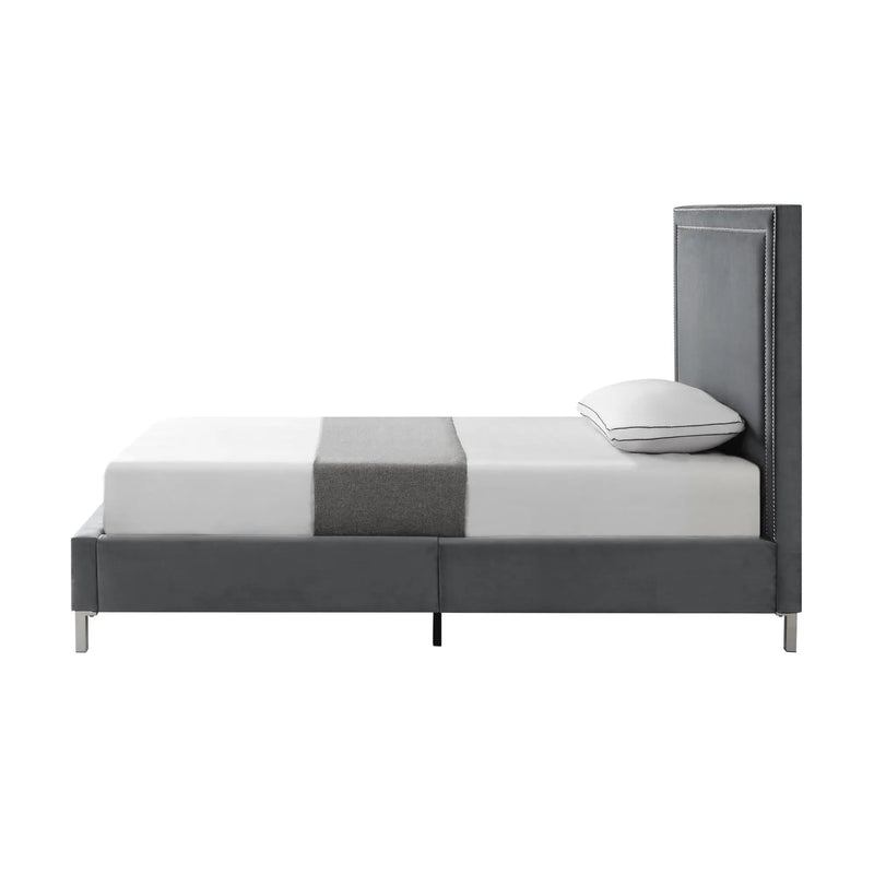 Gray Solid Wood Full Upholstered Velvet Bed with Nailhead Trim Homeroots Bed & Bath