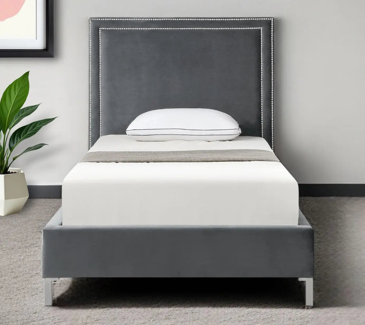 Gray Solid Wood Full Upholstered Velvet Bed with Nailhead Trim Homeroots Bed & Bath
