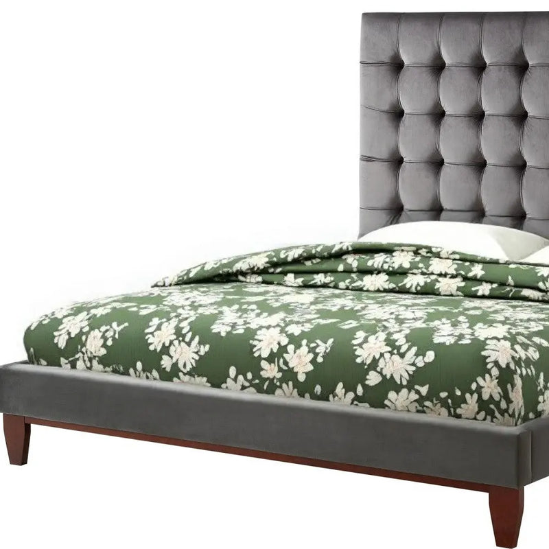 Gray Solid Wood King Tufted Upholstered Velvet Bed Homeroots Bed & Bath