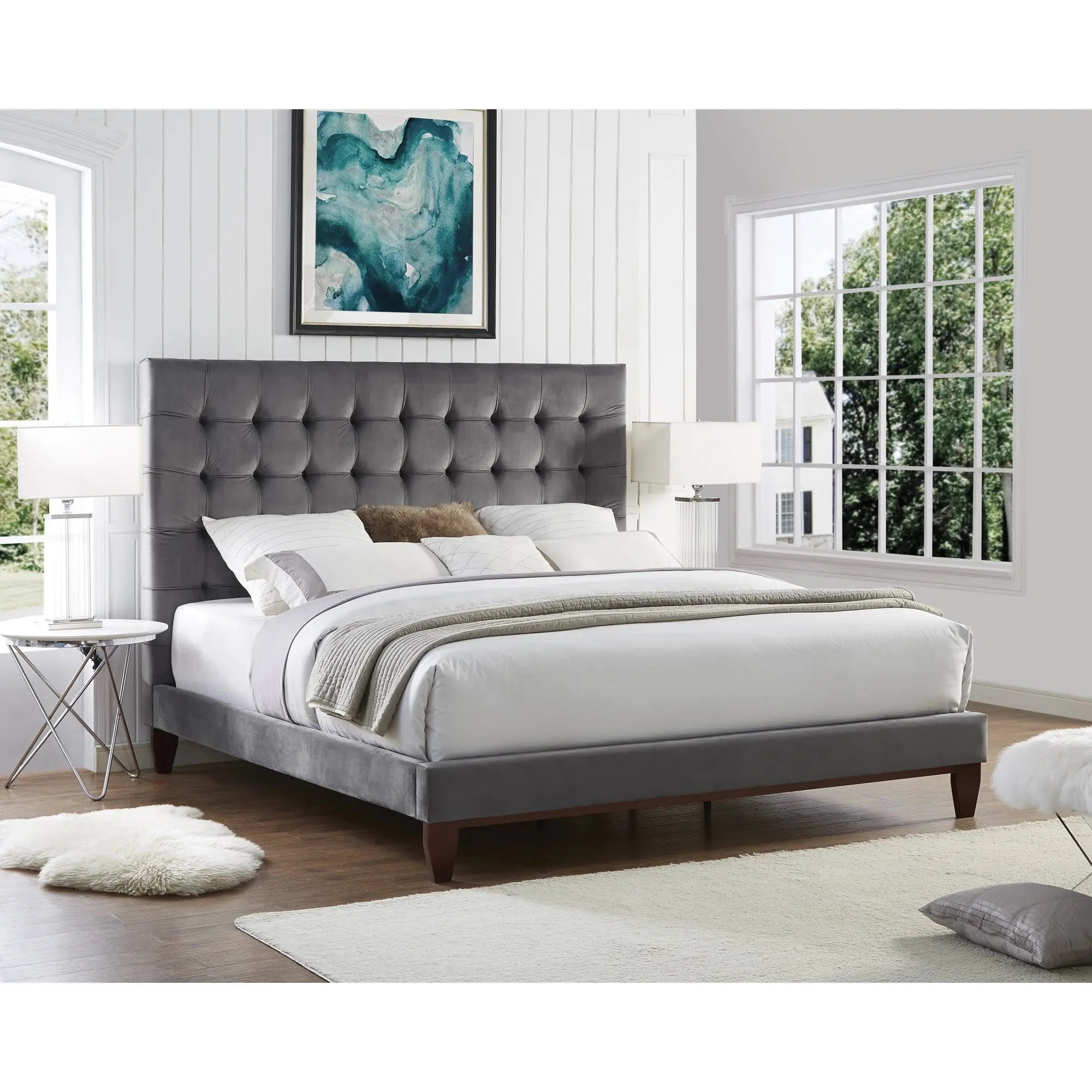 Gray Solid Wood King Tufted Upholstered Velvet Bed Homeroots Bed & Bath
