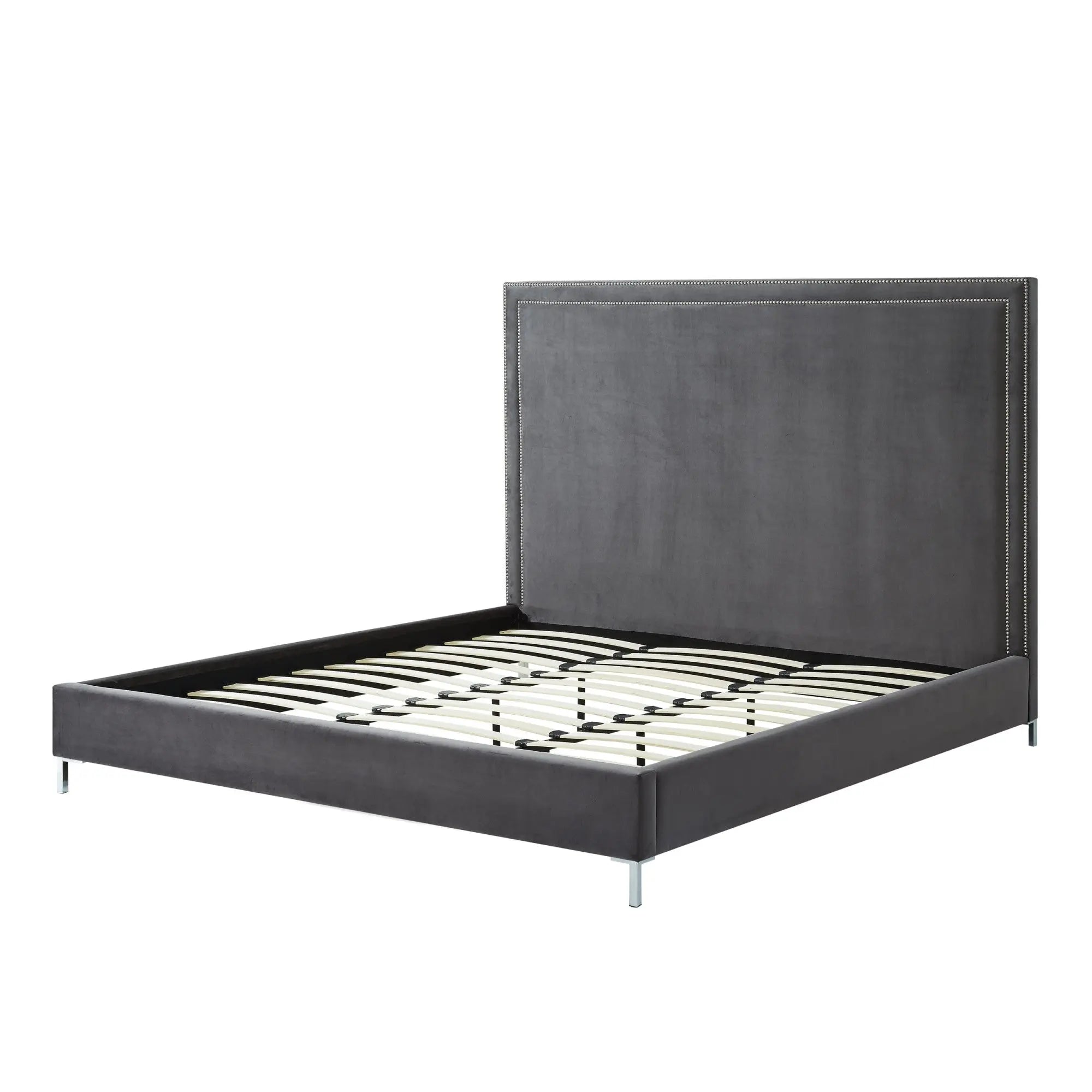 Gray Solid Wood King Upholstered Velvet Bed with Nailhead Trim Homeroots Bed & Bath