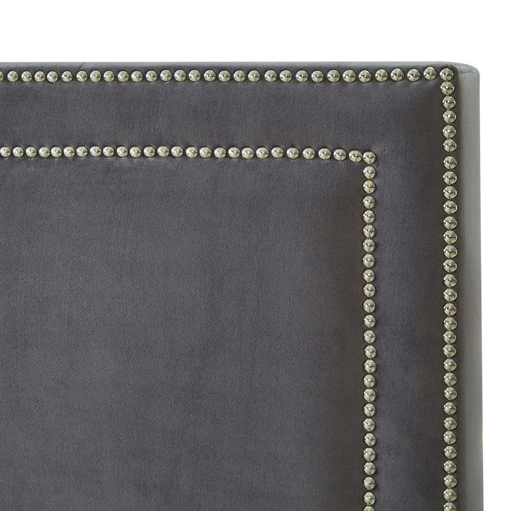 Gray Solid Wood King Upholstered Velvet Bed with Nailhead Trim Homeroots Bed & Bath