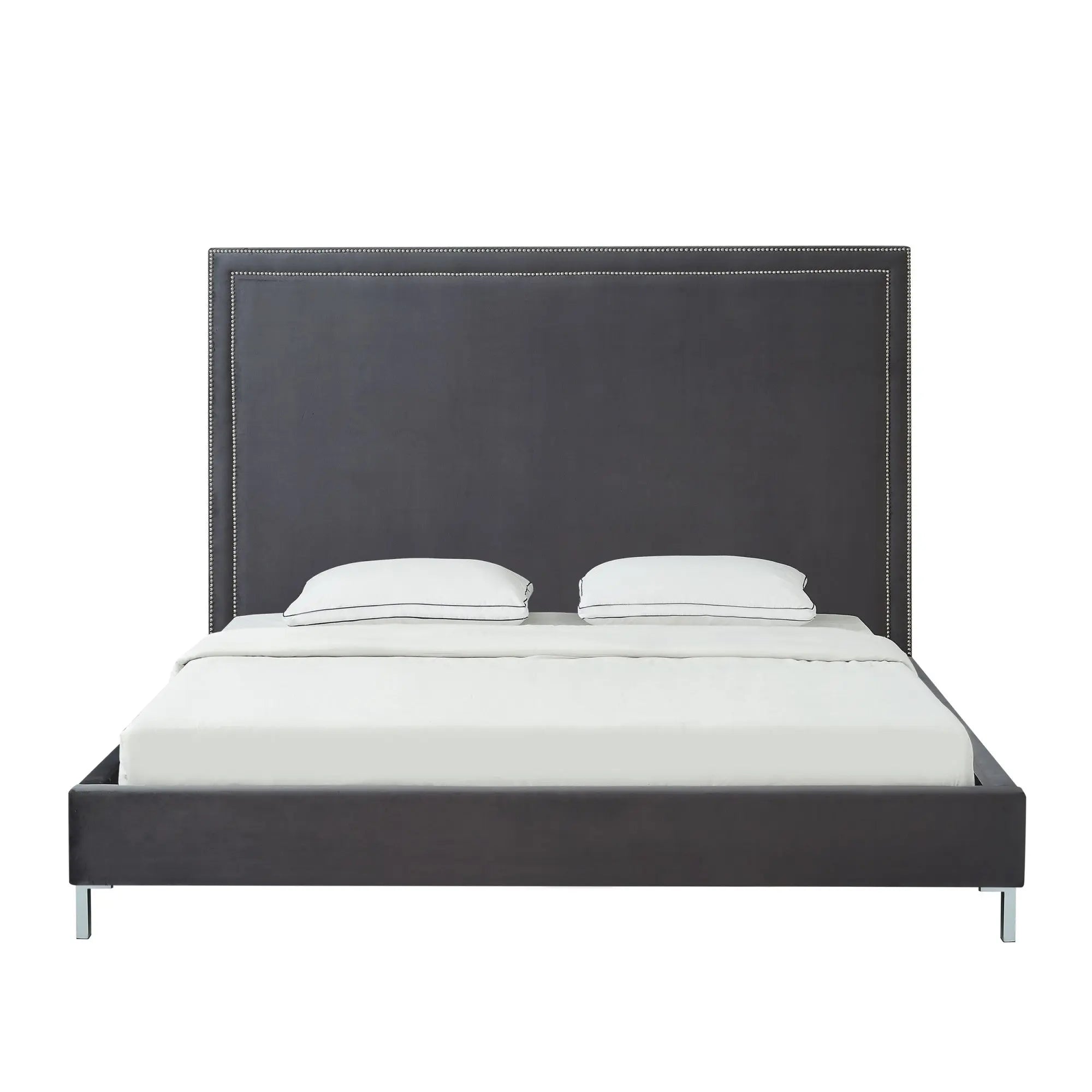Gray Solid Wood King Upholstered Velvet Bed with Nailhead Trim Homeroots Bed & Bath
