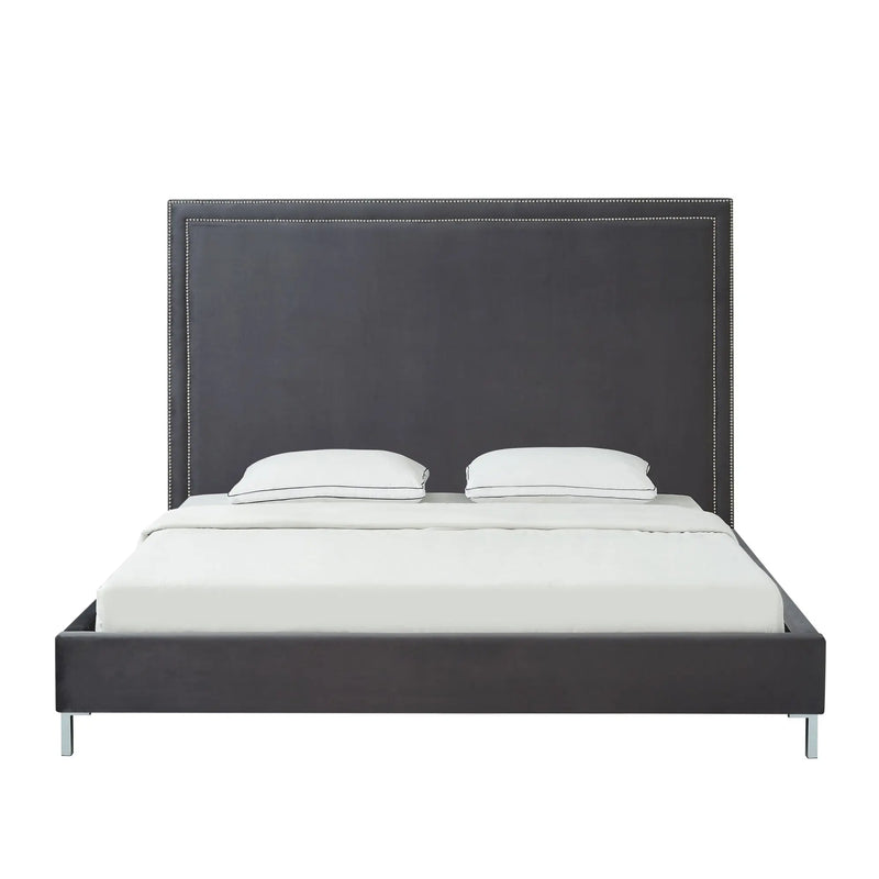 Gray Solid Wood King Upholstered Velvet Bed with Nailhead Trim Homeroots Bed & Bath