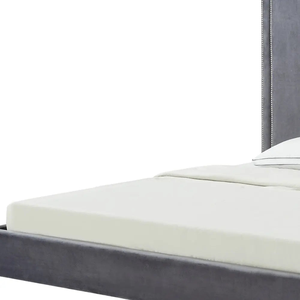 Gray Solid Wood King Upholstered Velvet Bed with Nailhead Trim Homeroots Bed & Bath