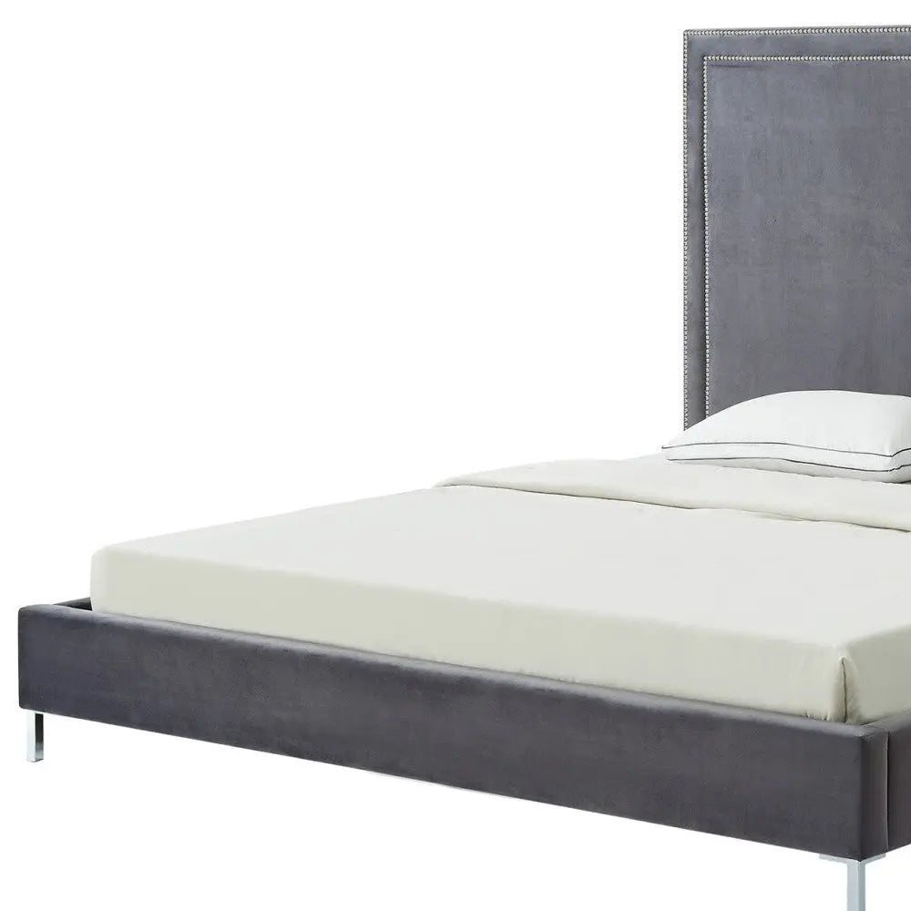 Gray Solid Wood King Upholstered Velvet Bed with Nailhead Trim Homeroots Bed & Bath