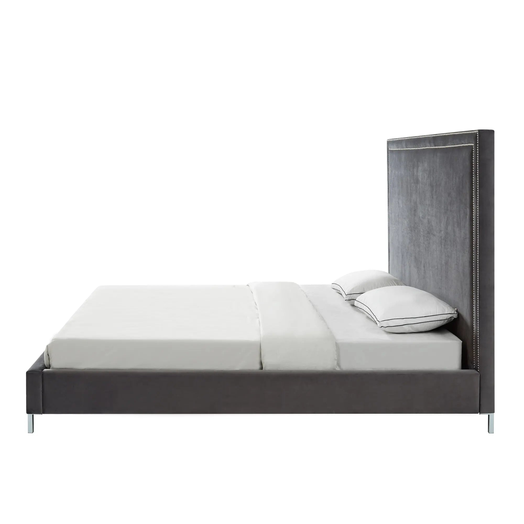 Gray Solid Wood King Upholstered Velvet Bed with Nailhead Trim Homeroots Bed & Bath