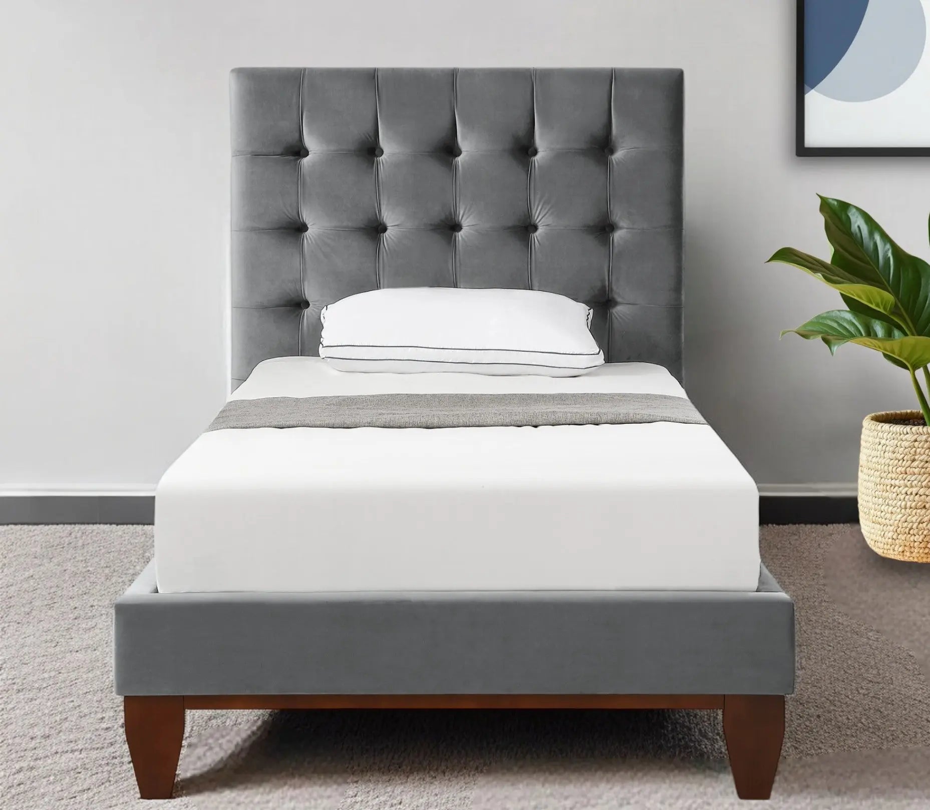 Gray Solid Wood Twin Tufted Upholstered Velvet Bed Homeroots Bed & Bath