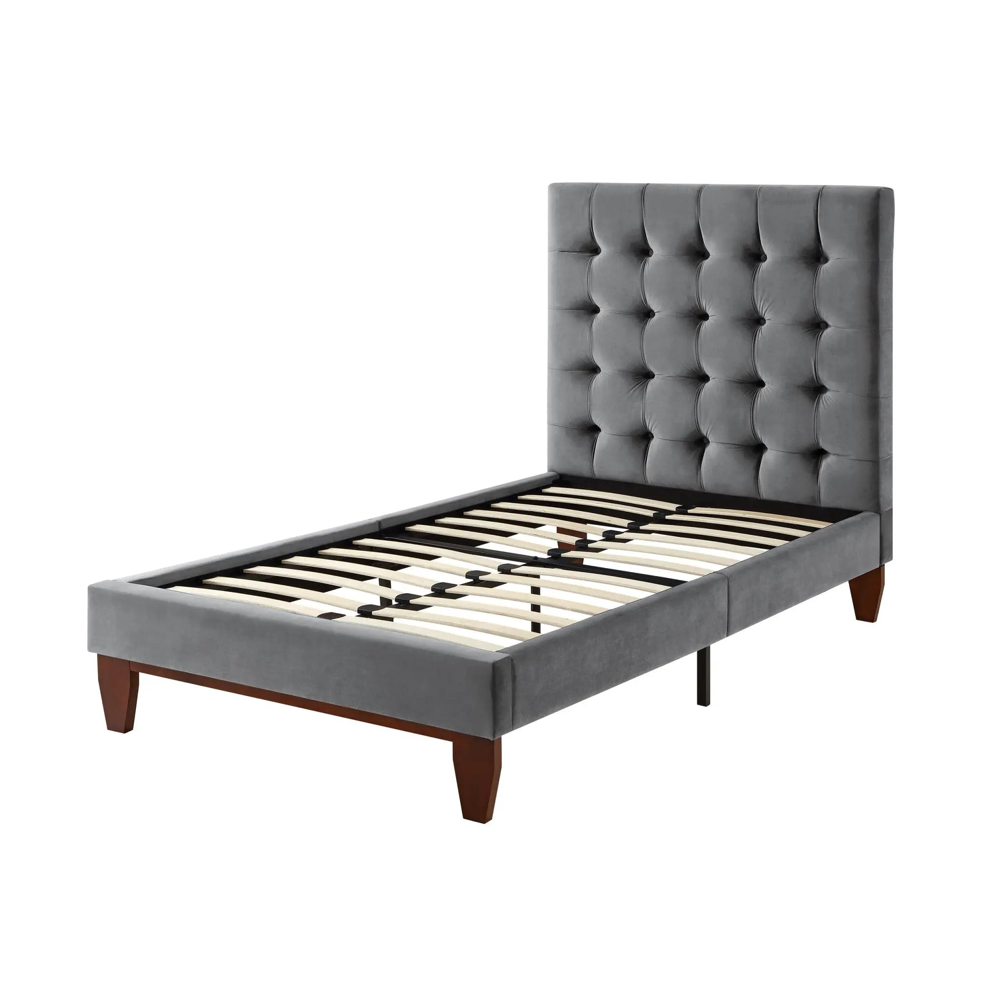 Gray Solid Wood Twin Tufted Upholstered Velvet Bed Homeroots Bed & Bath