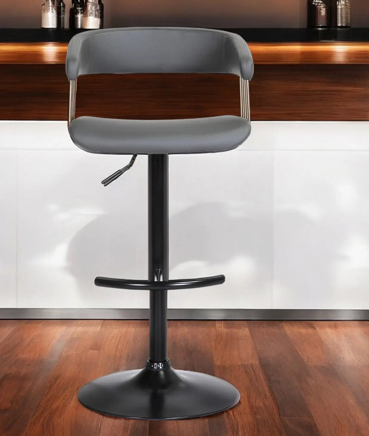Gray and Black Faux Leather with Metal Swivel Adjustable Height Bar Chair Homeroots Living Room