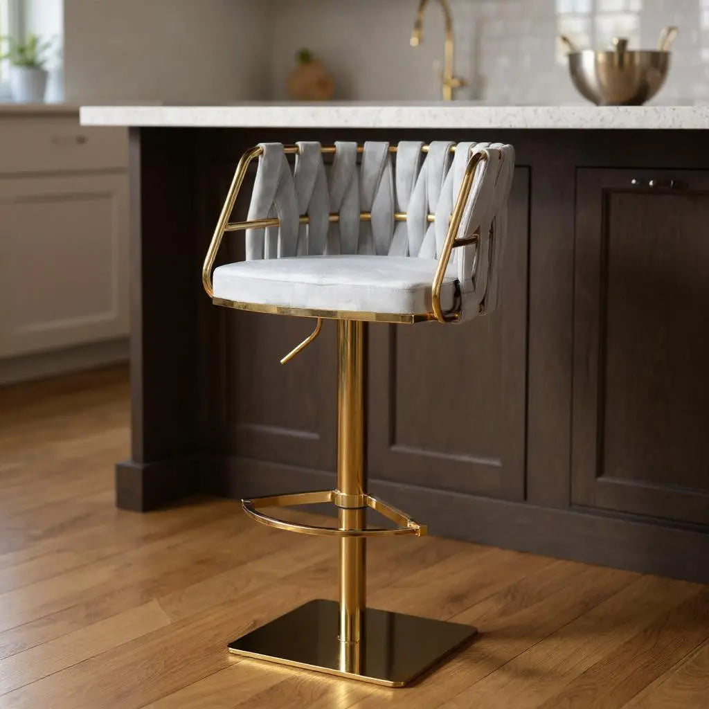 Gray and Gold Velvet and Steel Low Back Adjustable Height Swivel Bar Chair Homeroots Living Room