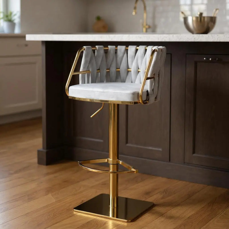 Gray and Gold Velvet and Steel Low Back Adjustable Height Swivel Bar Chair Homeroots Living Room