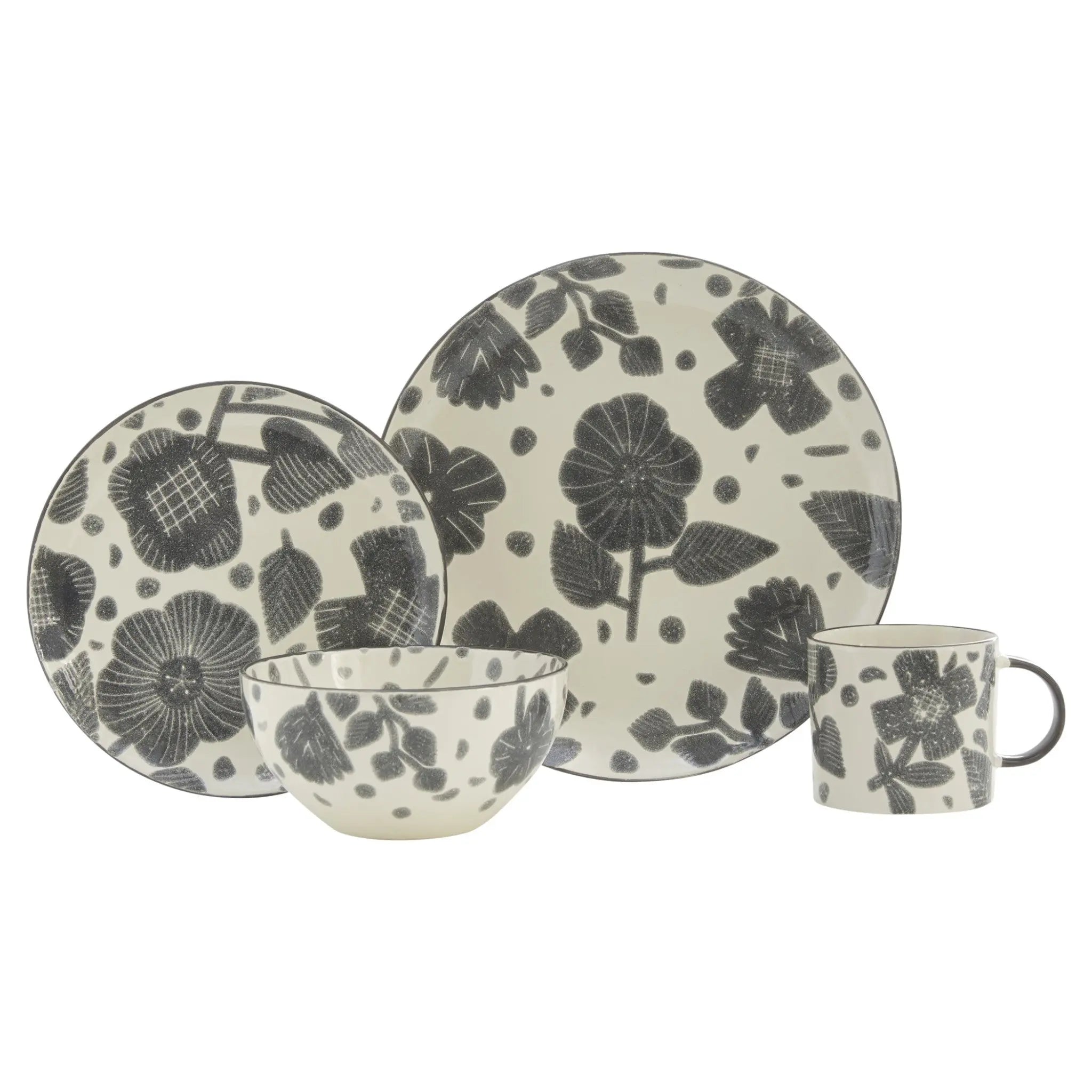 Gray and Ivory Sixteen Piece Round Floral Ceramic Service For Four Dinnerware Set Homeroots Kitchen & Dining