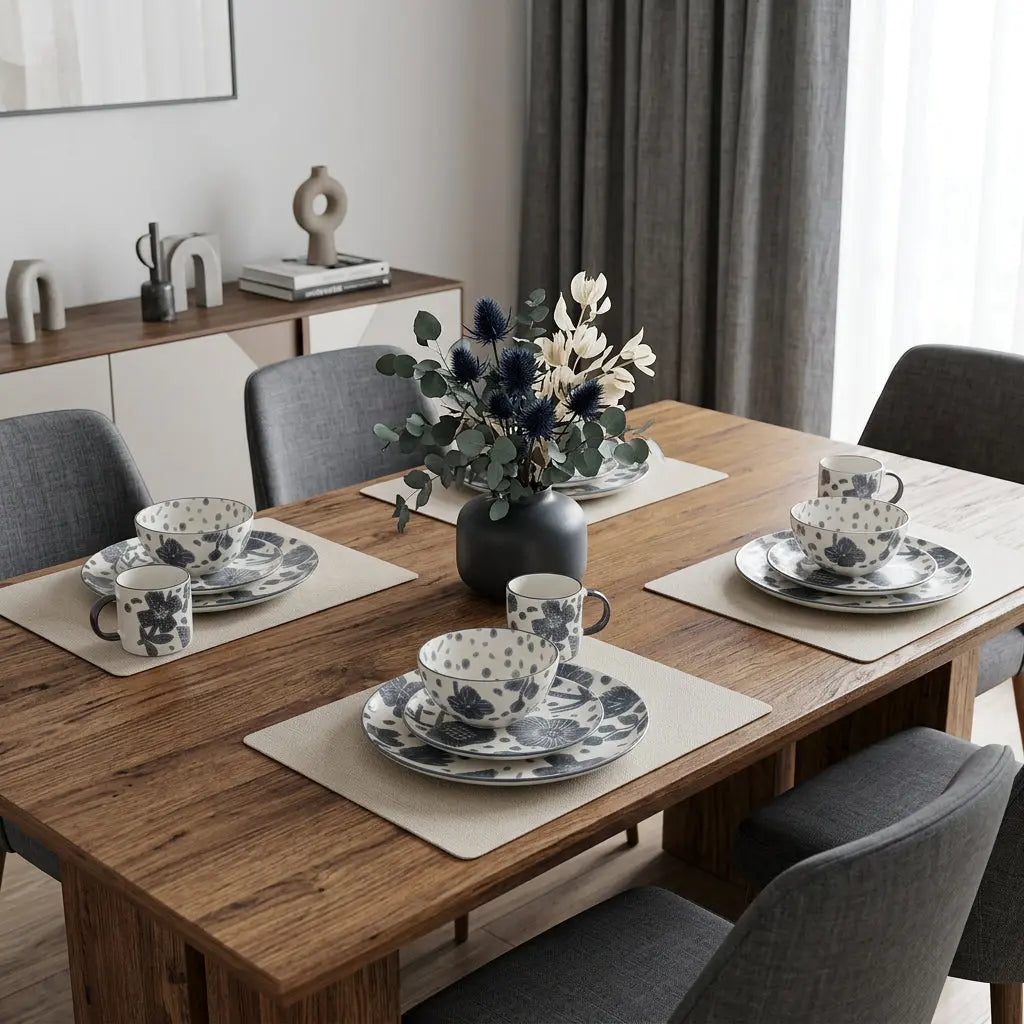 Gray and Ivory Sixteen Piece Round Floral Ceramic Service For Four Dinnerware Set Homeroots Kitchen & Dining
