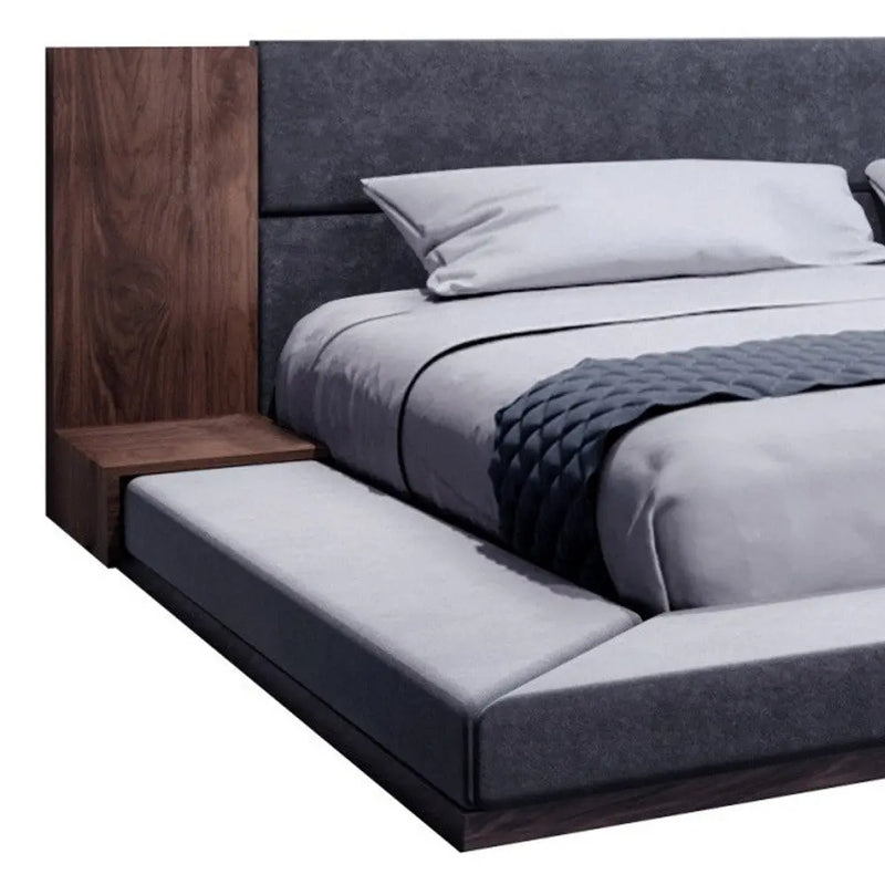 Gray and Walnut Wood And Upholstery Queen Bed Frame With Attached Nightstands Homeroots Bed & Bath