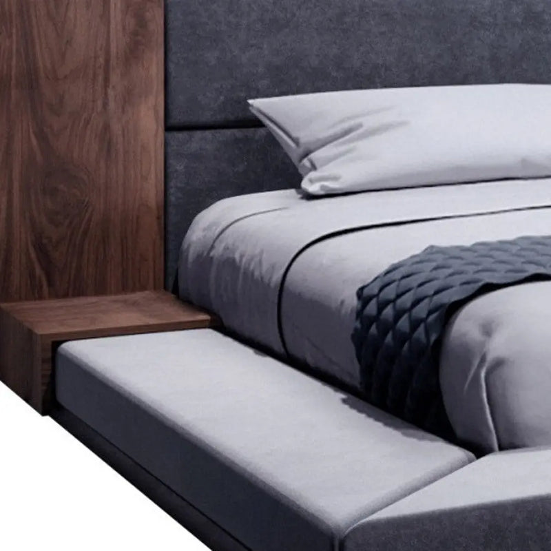 Gray and Walnut Wood And Upholstery Queen Bed Frame With Attached Nightstands Homeroots Bed & Bath