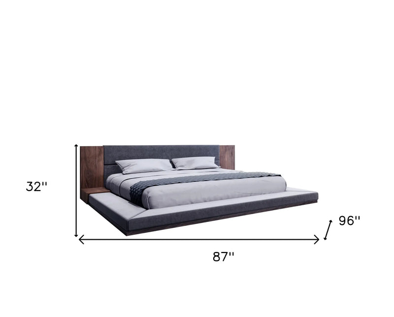 Gray and Walnut Wood And Upholstery Queen Bed Frame With Attached Nightstands Homeroots Bed & Bath