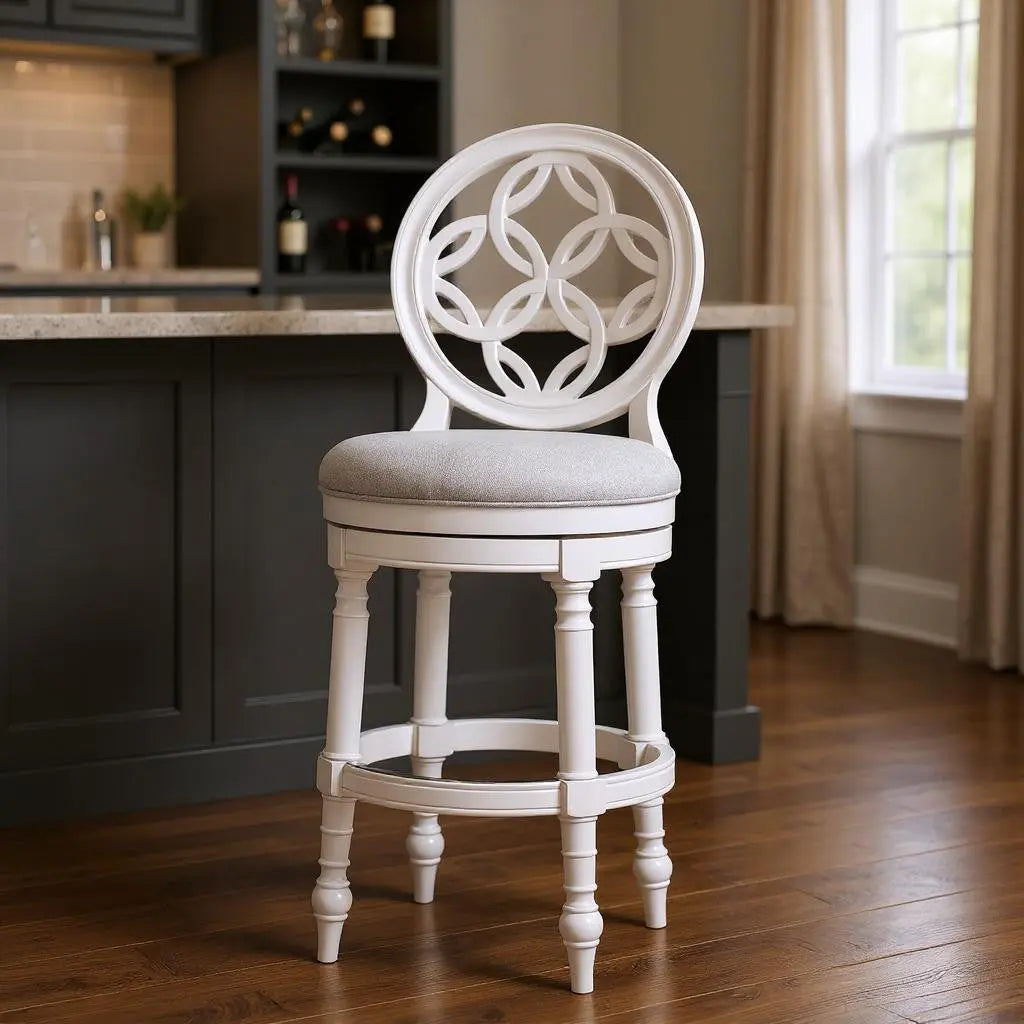 Gray and White Fabric and Solid Wood Bar Height Swivel Bar Chair Homeroots Living Room