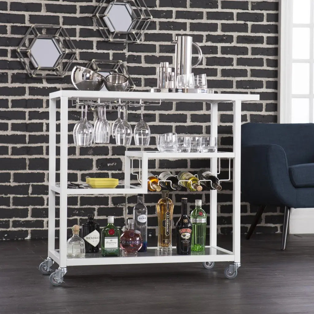 Gray and White Metal And Glass Rolling Bar Cart With Wine Storage Homeroots Kitchen & Dining
