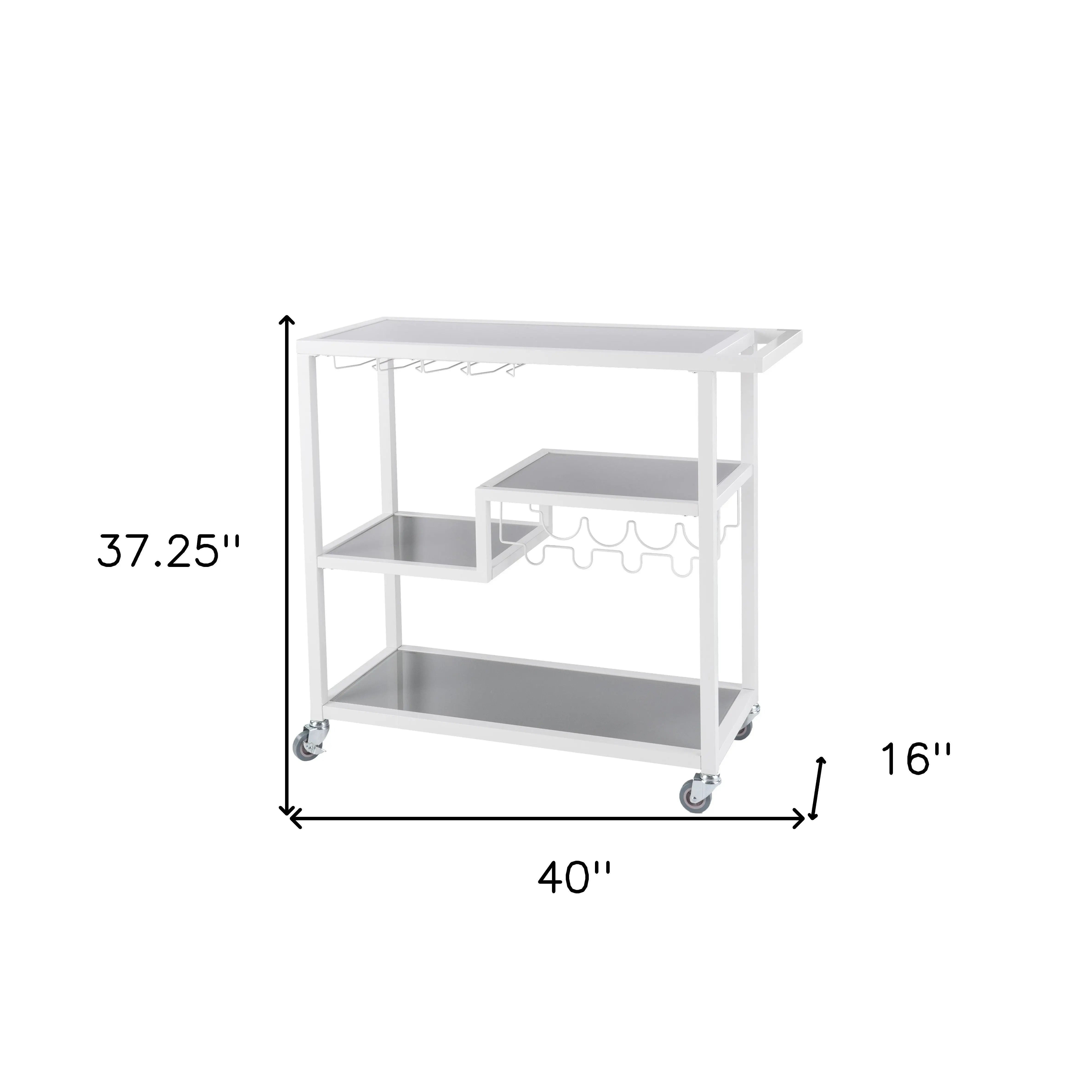 Gray and White Metal And Glass Rolling Bar Cart With Wine Storage Homeroots Kitchen & Dining