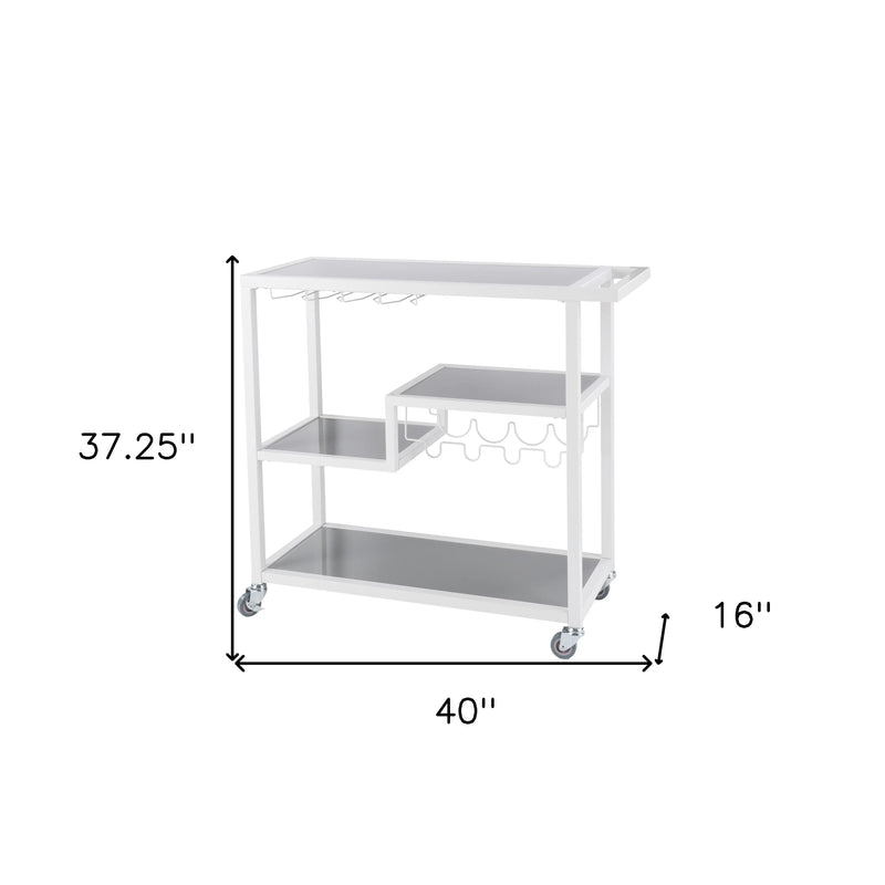 Gray and White Metal And Glass Rolling Bar Cart With Wine Storage Homeroots Kitchen & Dining