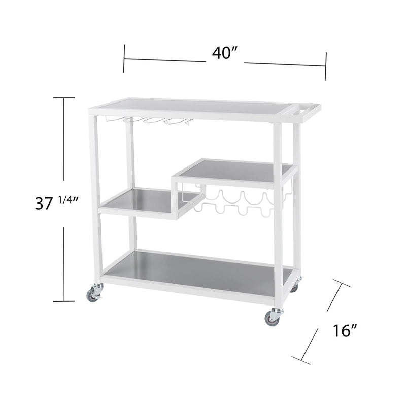 Gray and White Metal And Glass Rolling Bar Cart With Wine Storage Homeroots Kitchen & Dining
