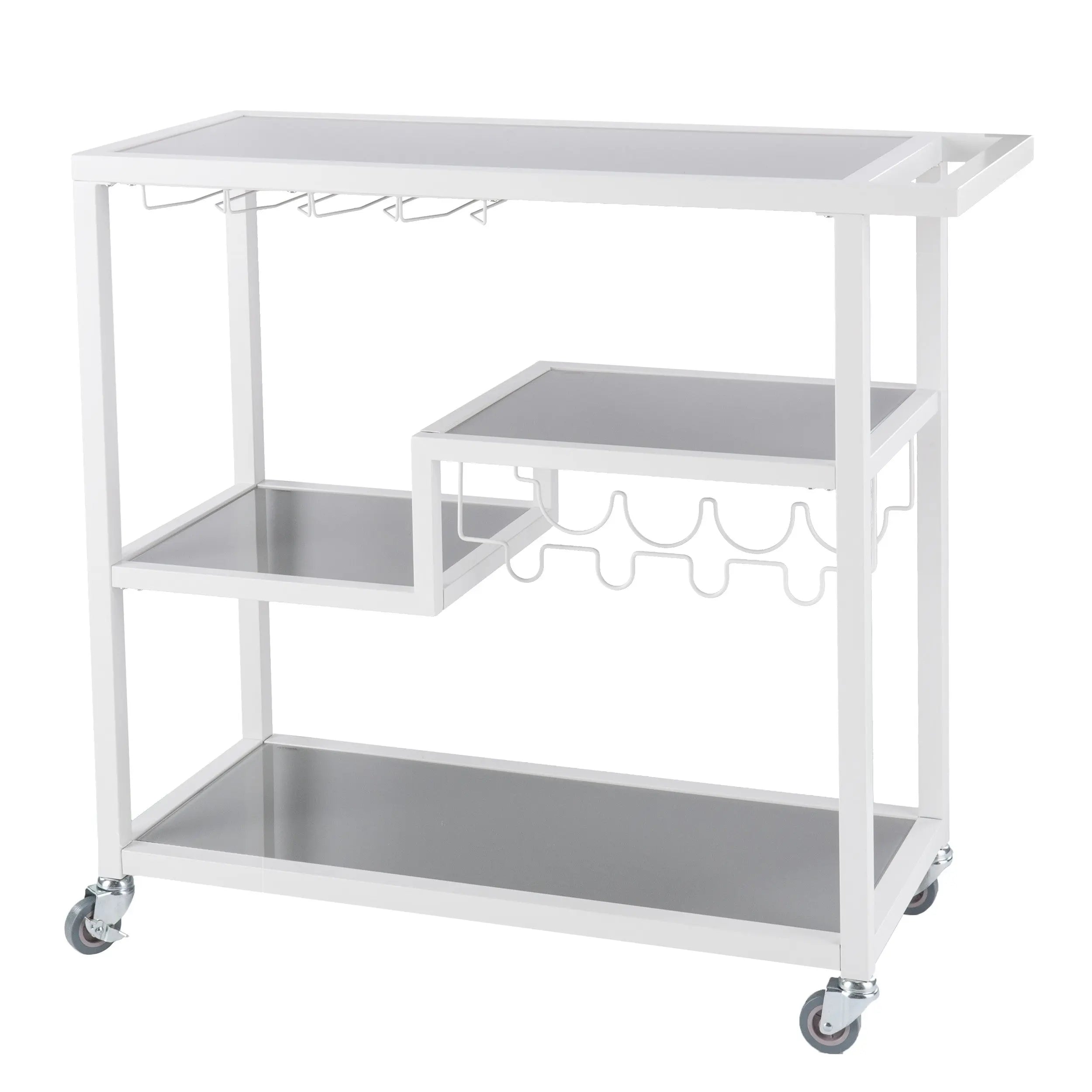 Gray and White Metal And Glass Rolling Bar Cart With Wine Storage Homeroots Kitchen & Dining