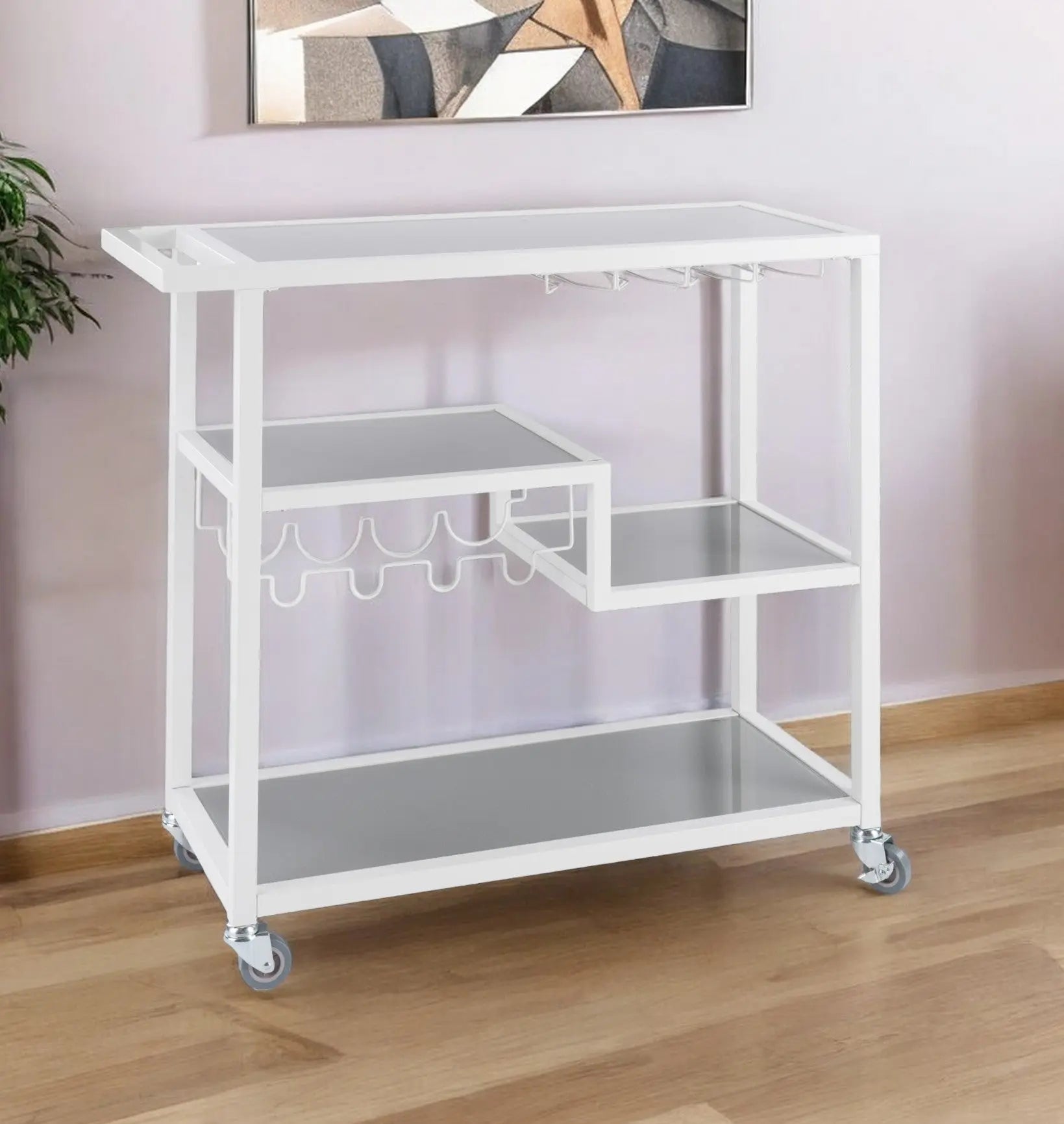 Gray and White Metal And Glass Rolling Bar Cart With Wine Storage Homeroots Kitchen & Dining