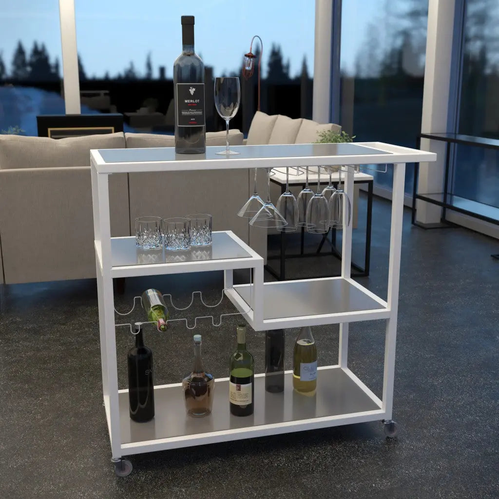 Gray and White Metal And Glass Rolling Bar Cart With Wine Storage Homeroots Kitchen & Dining