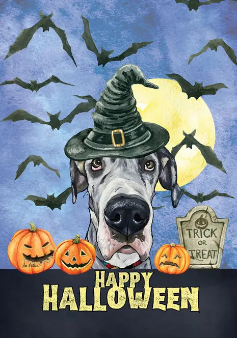 Great Dane Harlequin - Hippie Hound Studio Best of Breed Halloween House and Garden Flag Best of Breed