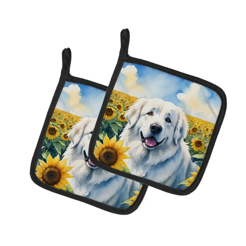 Great Pyrenees in Sunflowers Pair of Pot Holders Caroline's Treasures