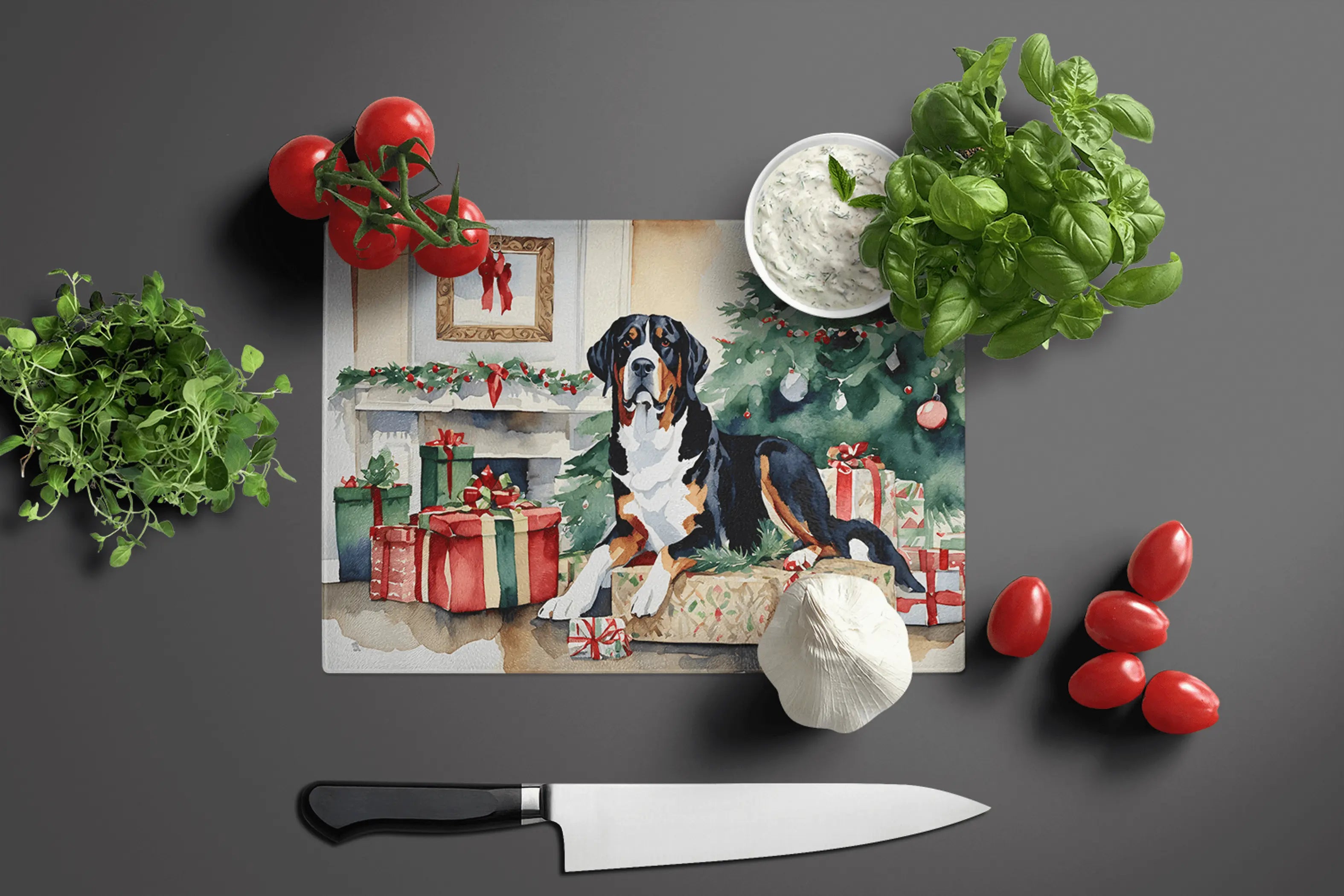 Greater Swiss Mountain Dog Cozy Christmas Glass Cutting Board Caroline's Treasures