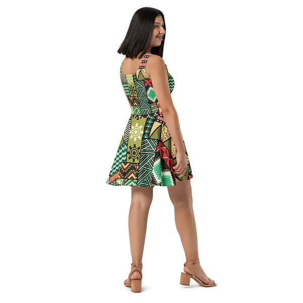 Green African Fabric Patch Work Skater Dress Adirelounge